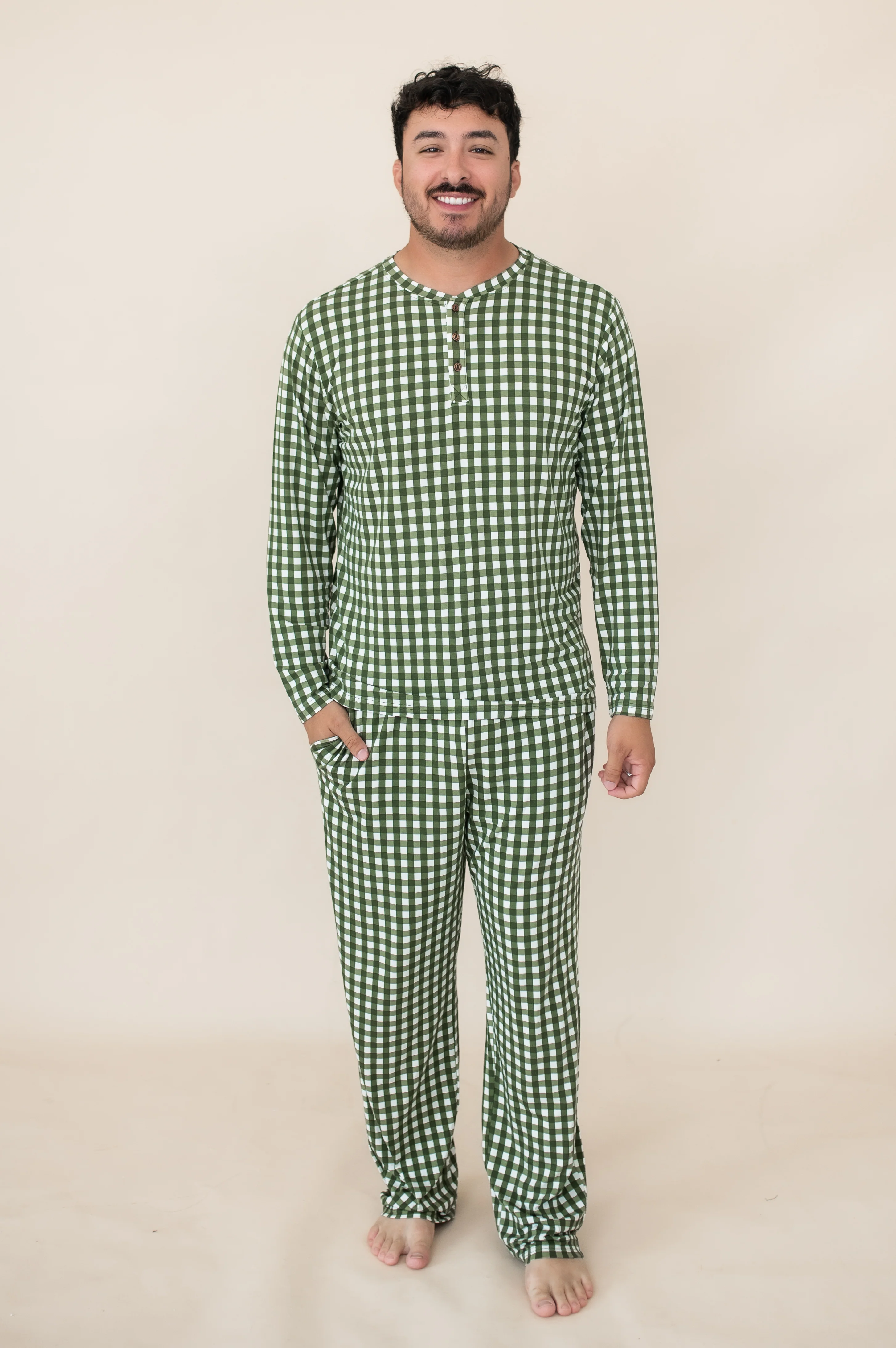 Men's Long Sleeve Henley Top in Gingham Fir - Image 2
