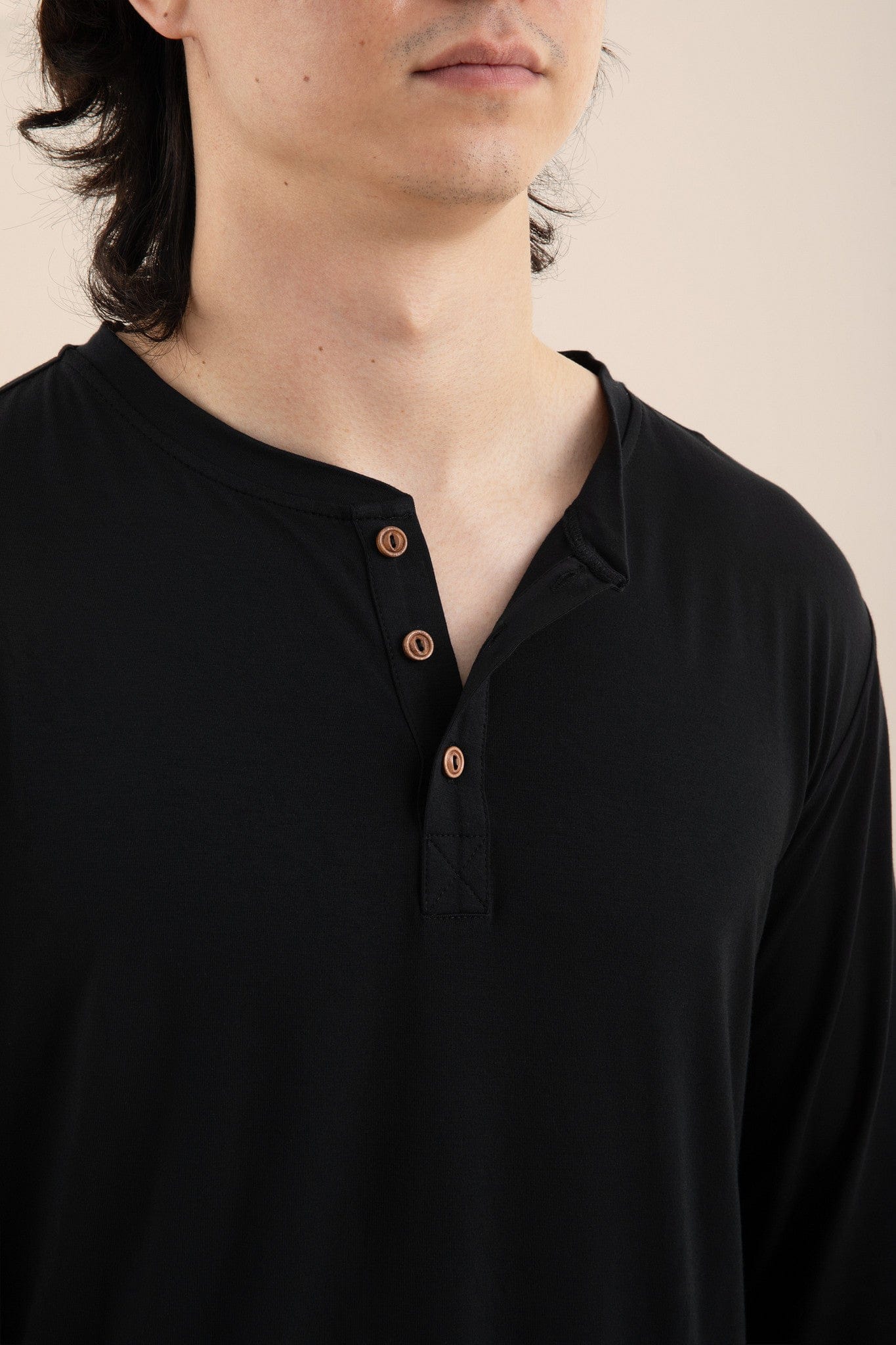 Men's Long Sleeve Henley Top in Midnight - Image 2