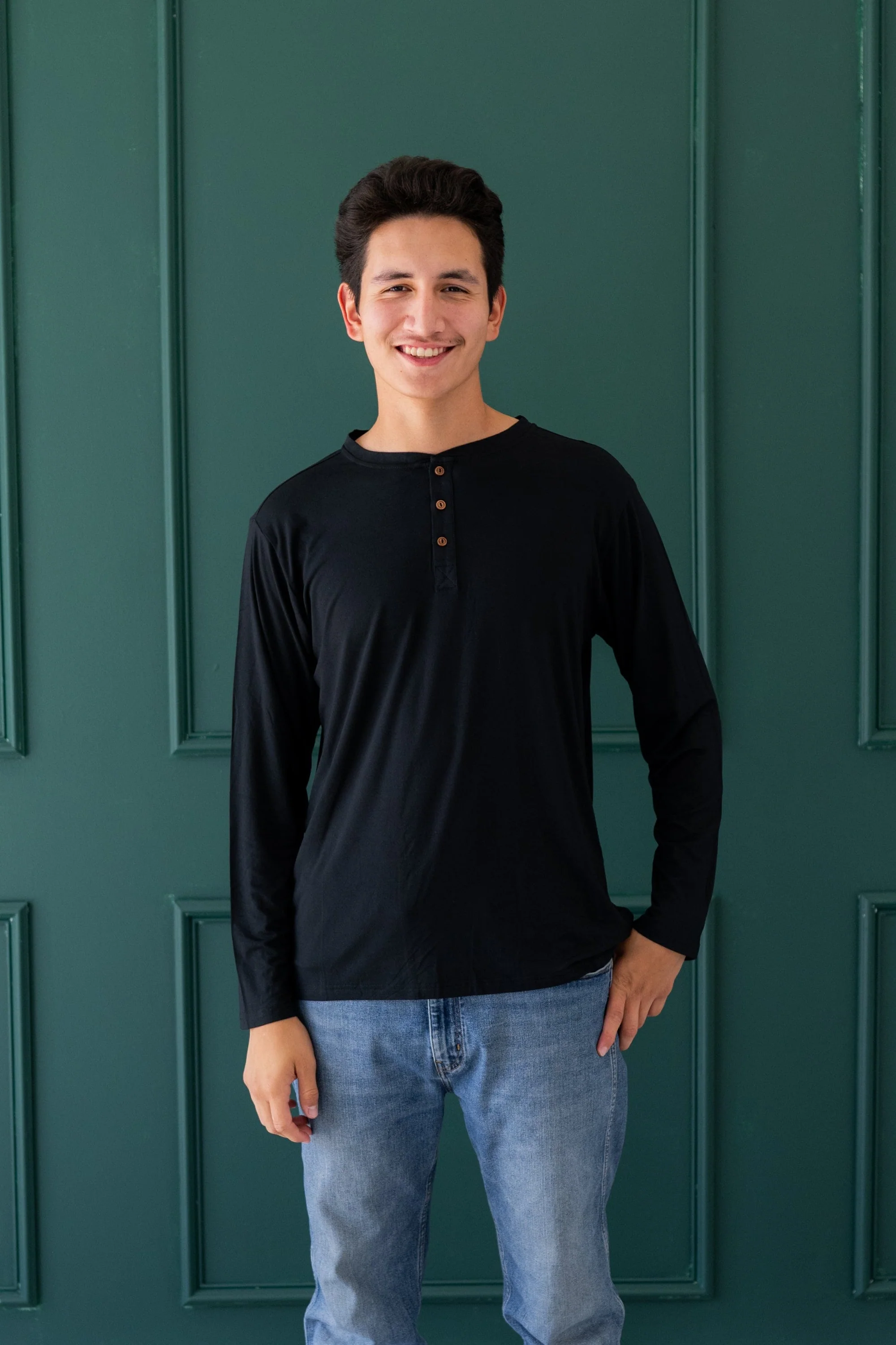 Men's Long Sleeve Henley Top in Midnight - Image 3