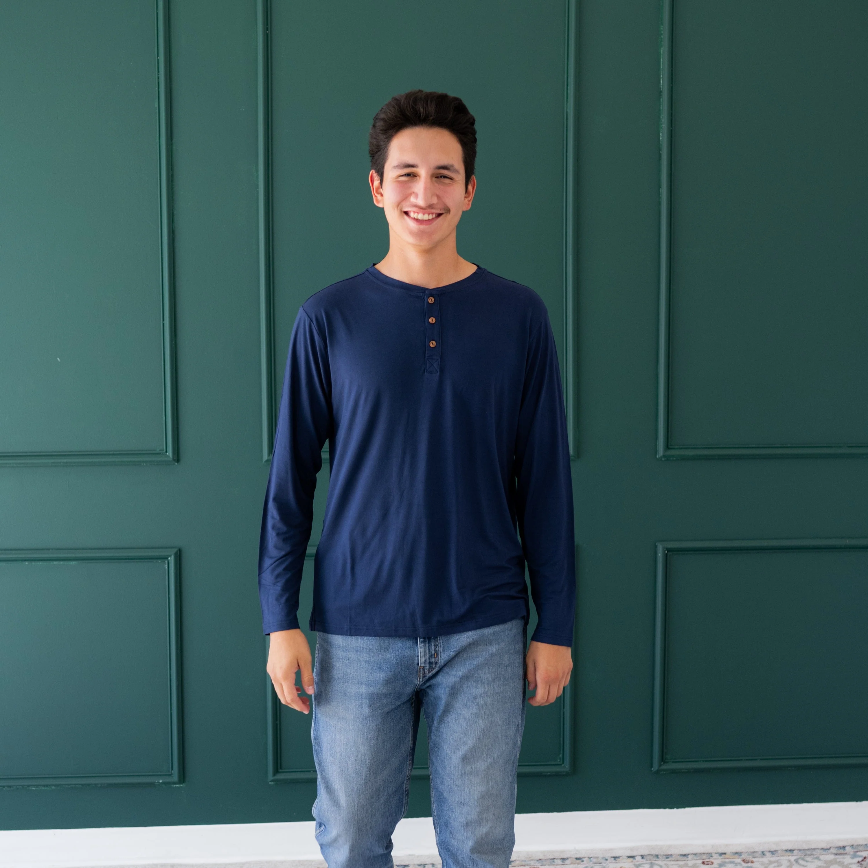 Men's Long Sleeve Henley Top in Navy - Image 2