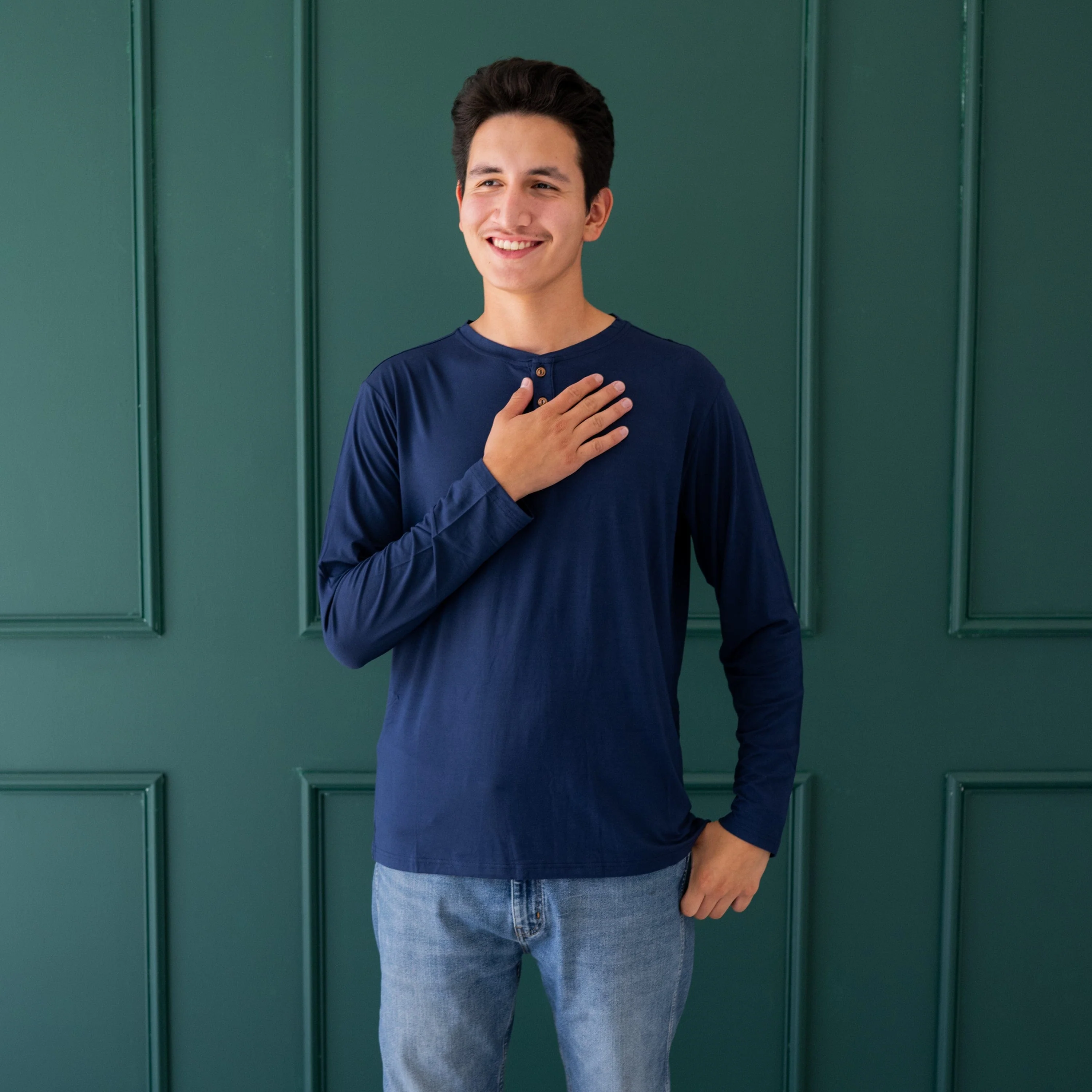 Men's Long Sleeve Henley Top in Navy - Image 3