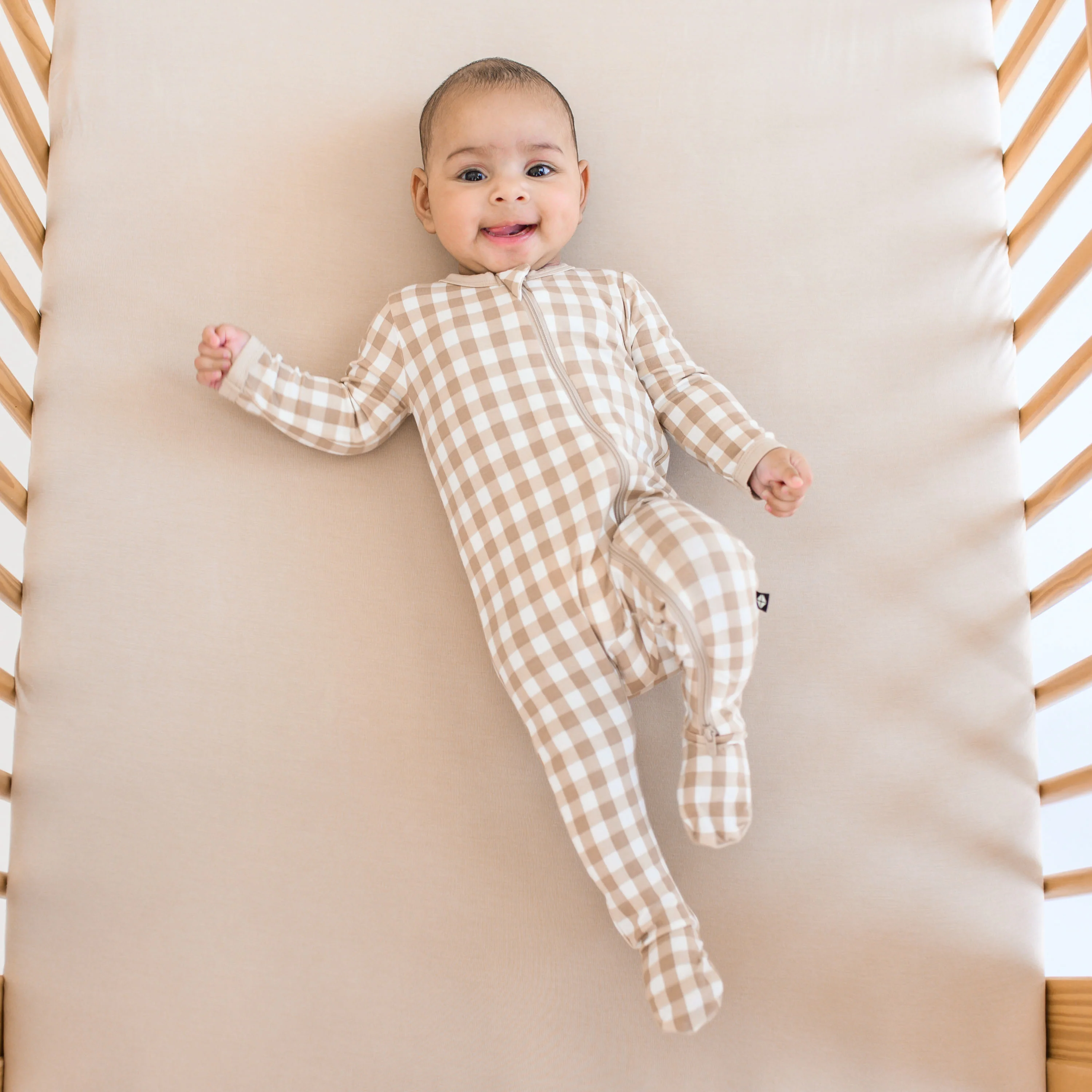 Zippered Footie in Gingham Bisque - Image 3