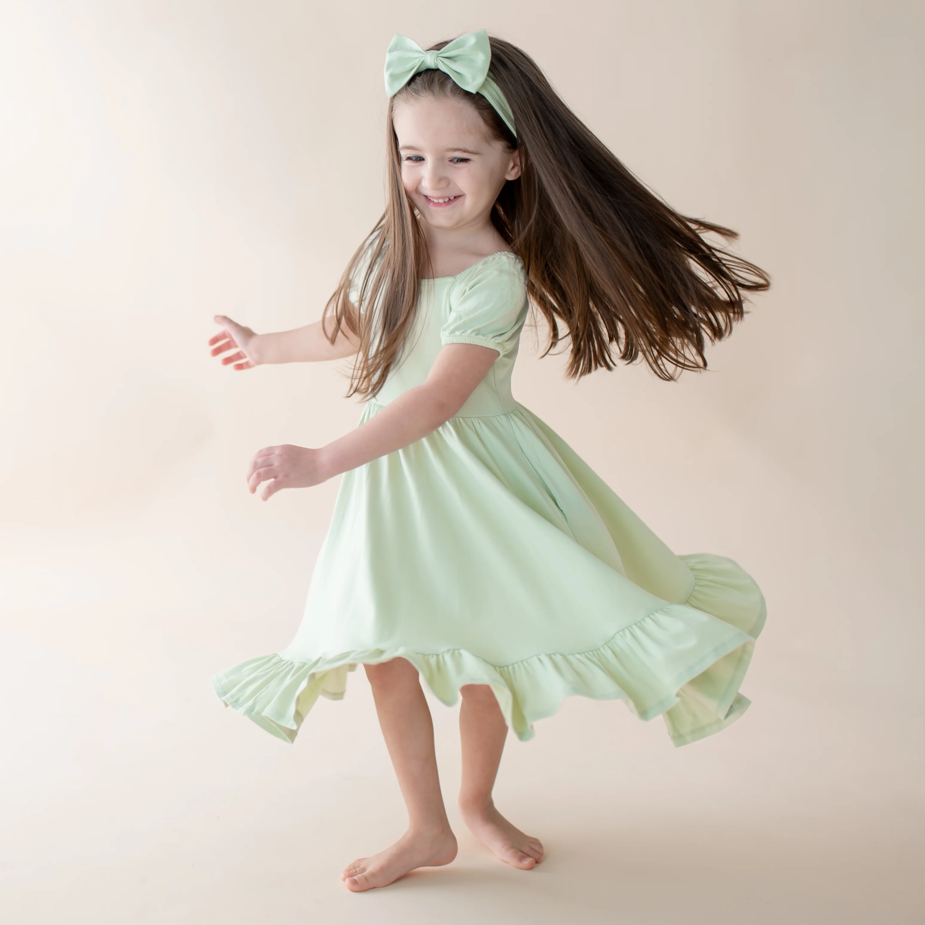 Puff Sleeve Twirl Dress in Basil - Image 3