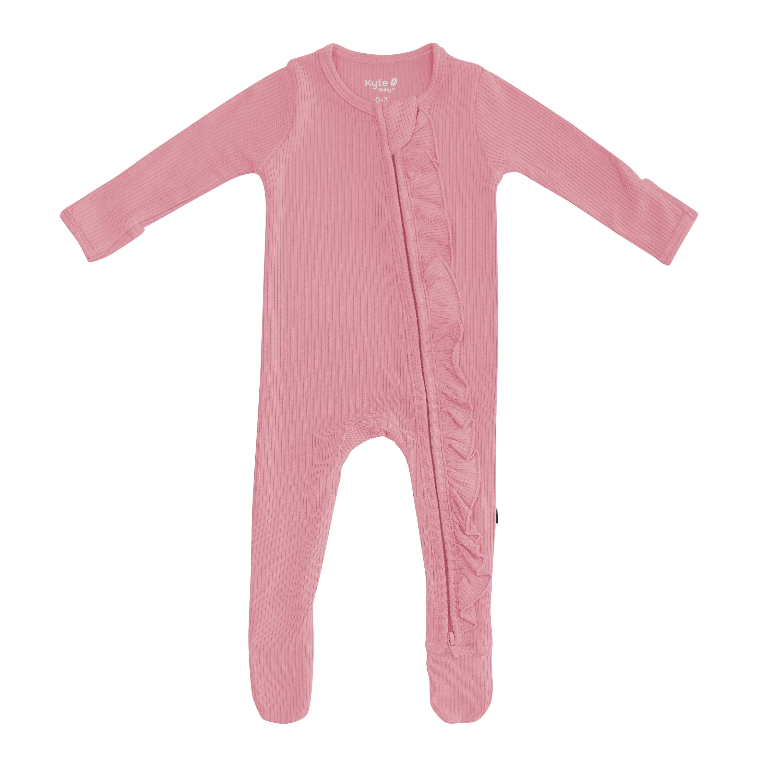 Ribbed Ruffle Zipper Footie in Apple Blossom - Image 2