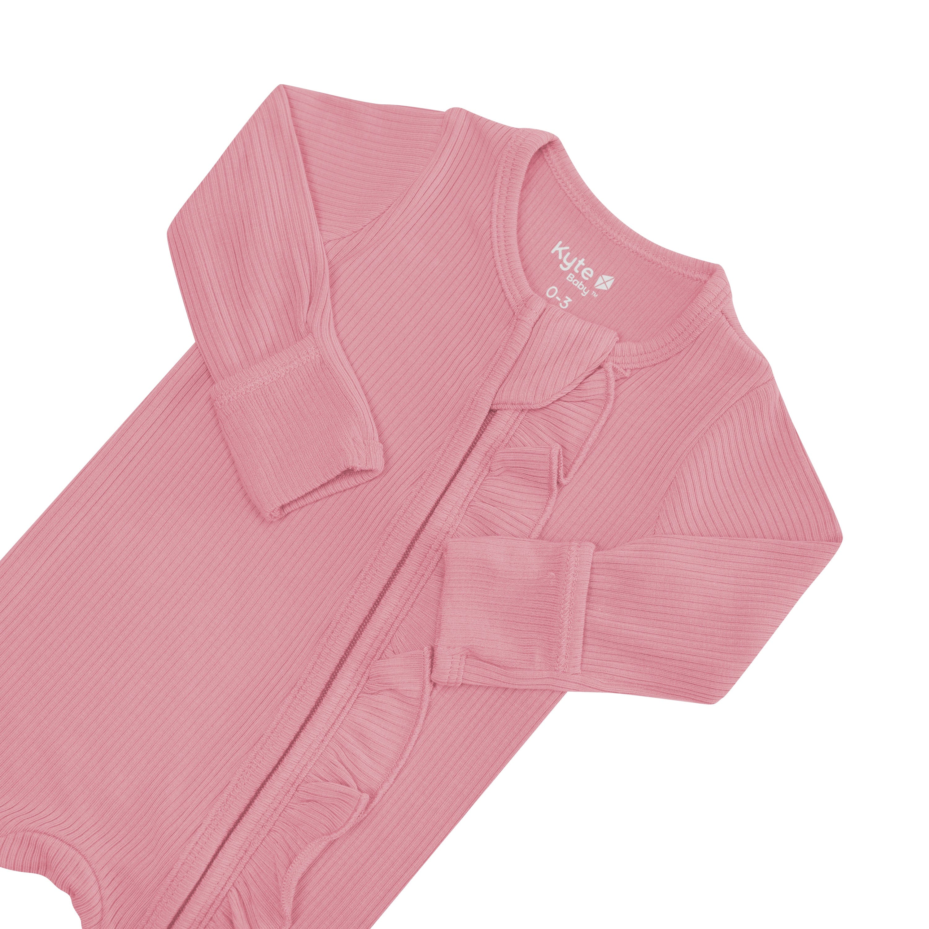 Ribbed Ruffle Zipper Footie in Apple Blossom - Image 6