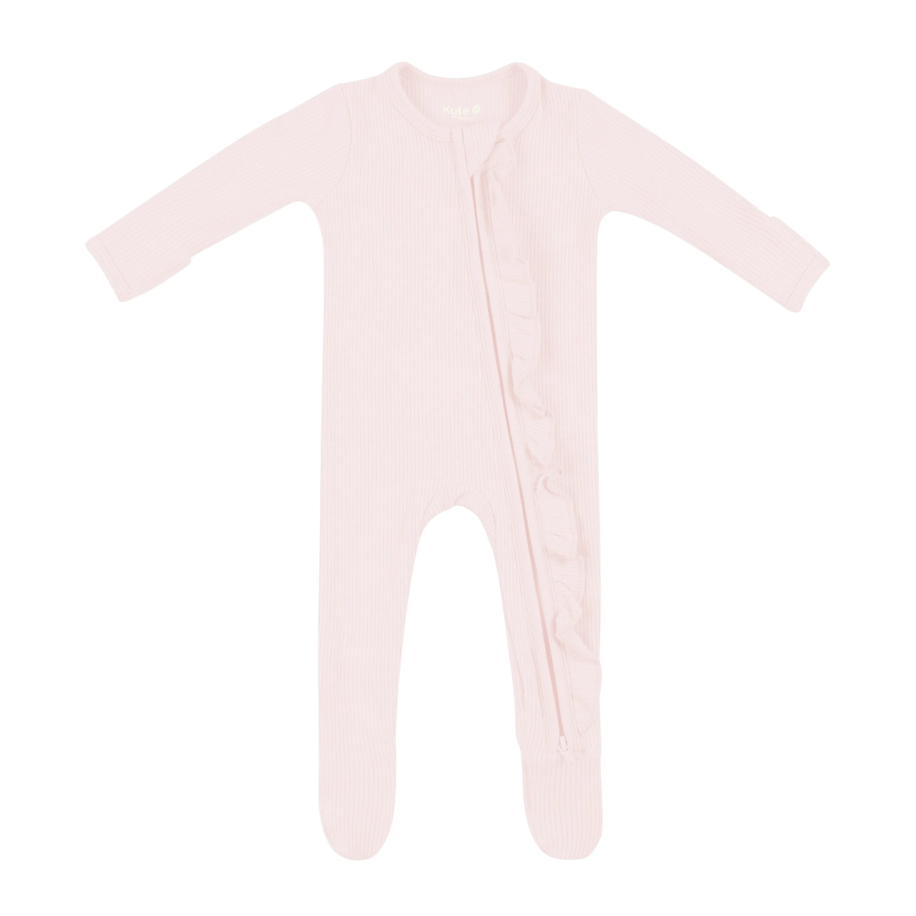 Ribbed Ruffle Zipper Footie in Blush - Image 2