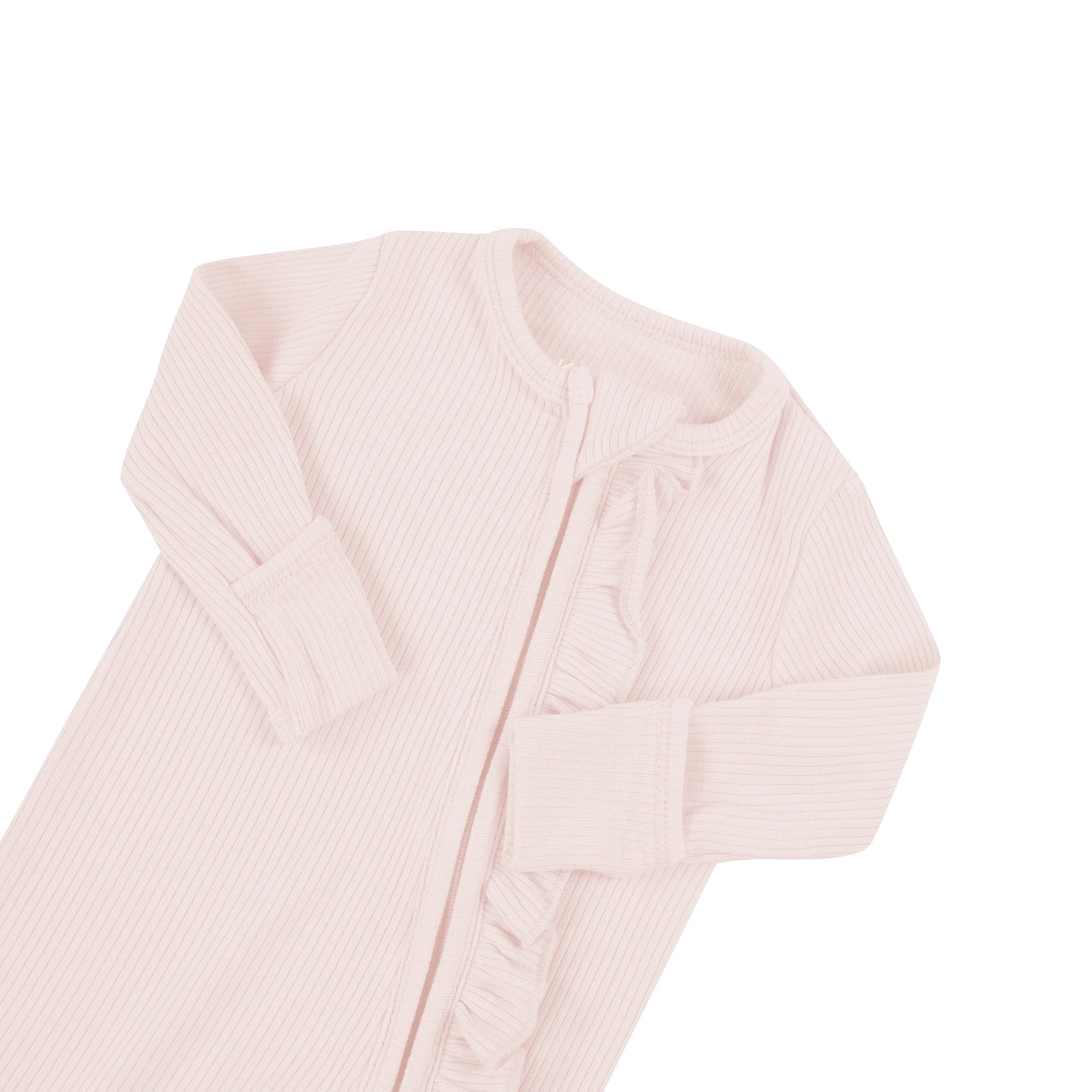 Ribbed Ruffle Zipper Footie in Blush - Image 6