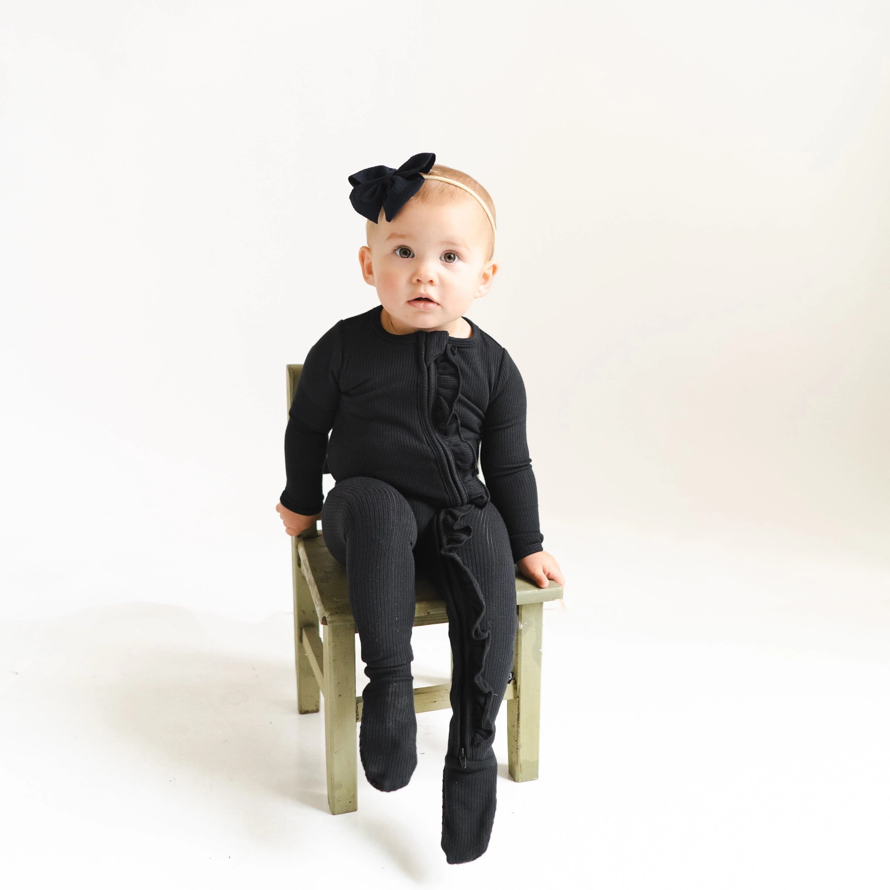 Ribbed Ruffle Zipper Footie in Midnight - Image 3