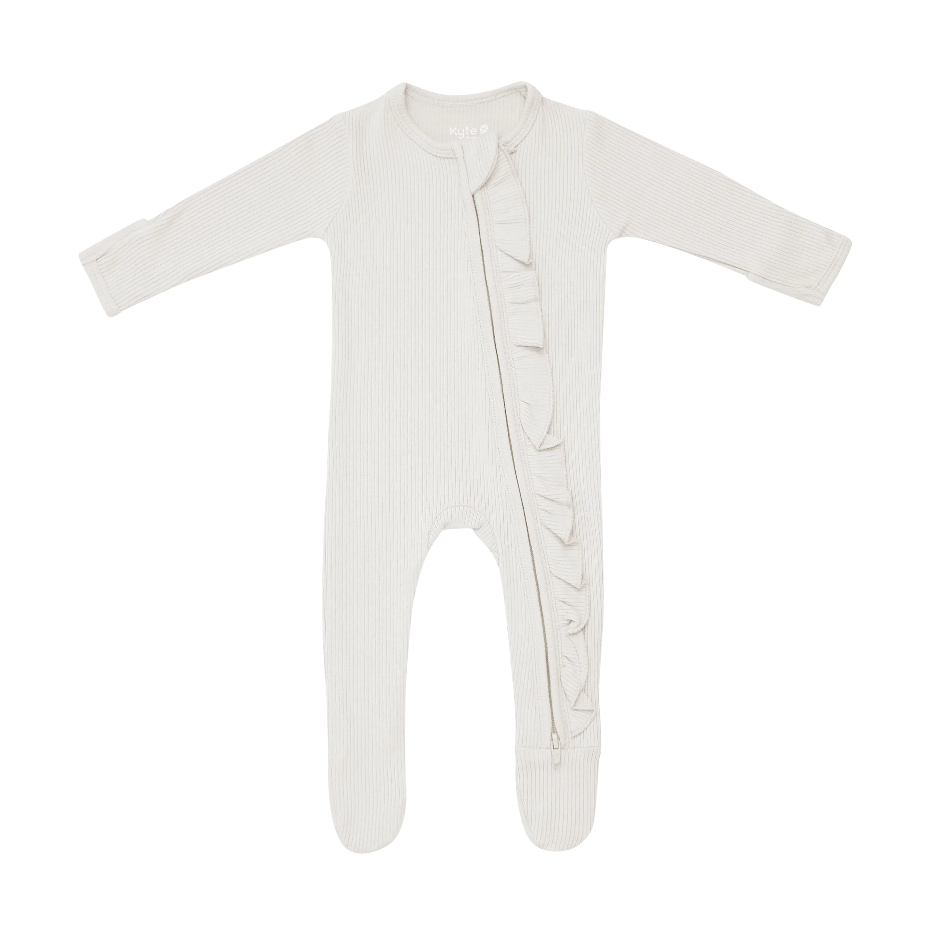 Ribbed Ruffle Zipper Footie in Oat - Image 2