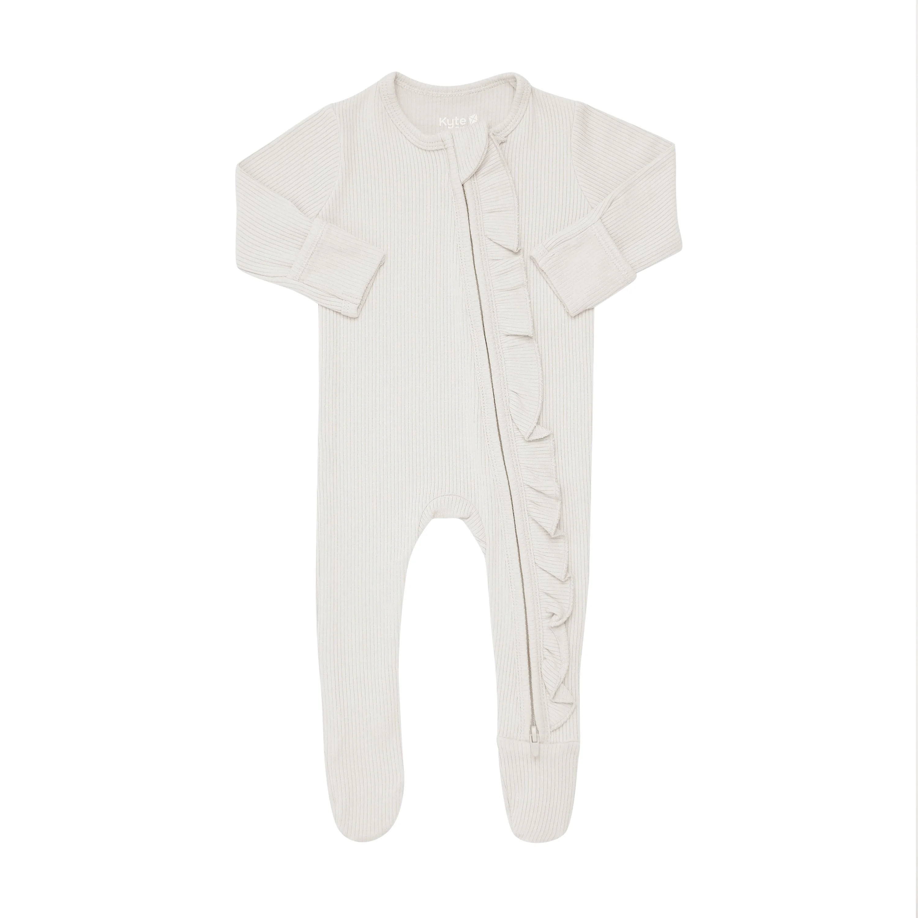 Ribbed Ruffle Zipper Footie in Oat - Image 3