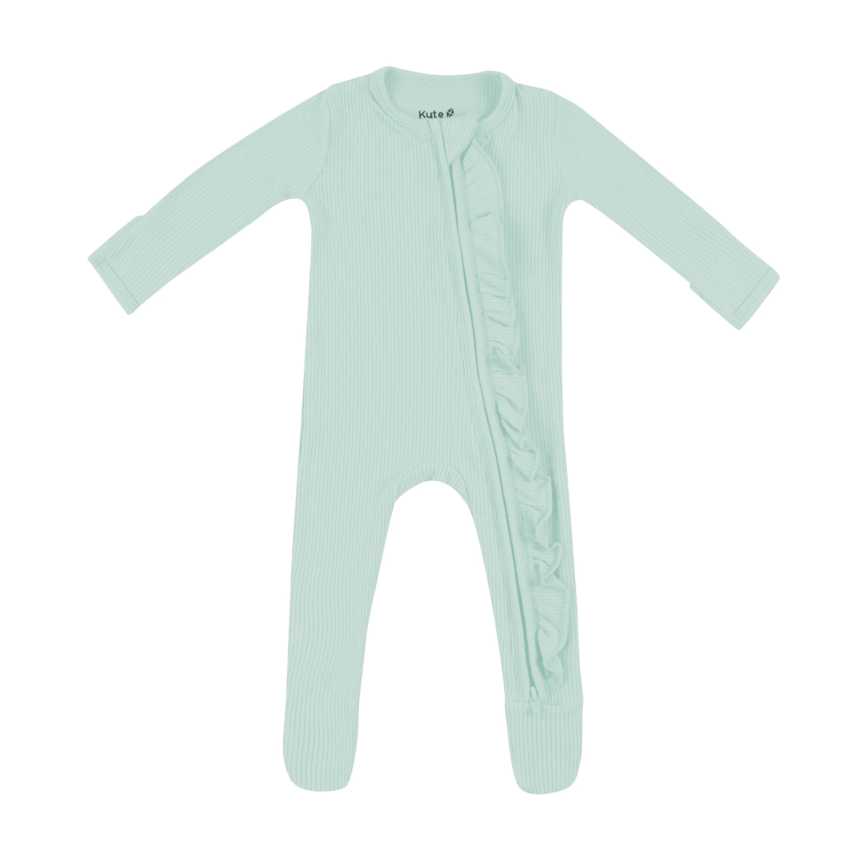 Ribbed Ruffle Zipper Footie in Sage - Image 2