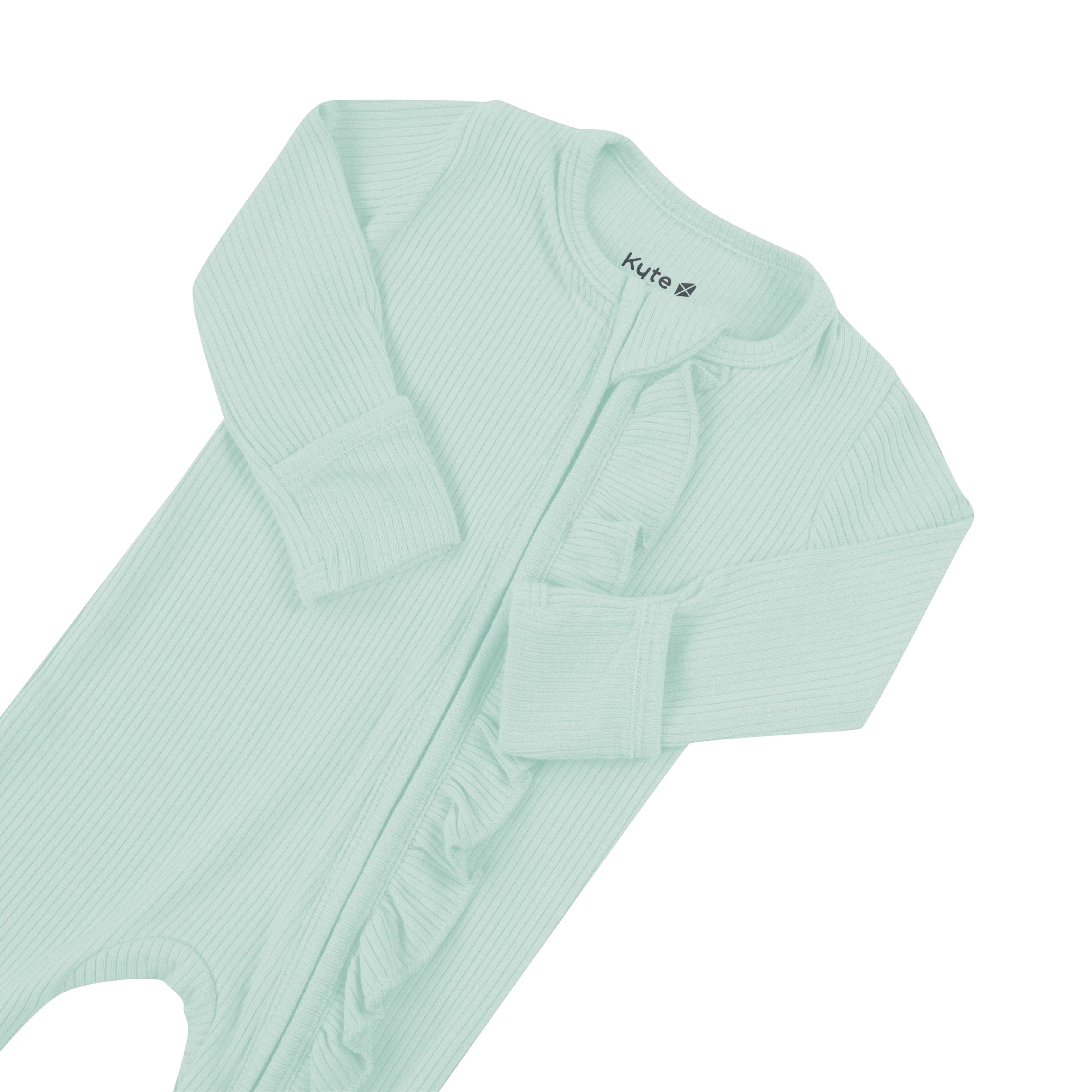 Ribbed Ruffle Zipper Footie in Sage - Image 5