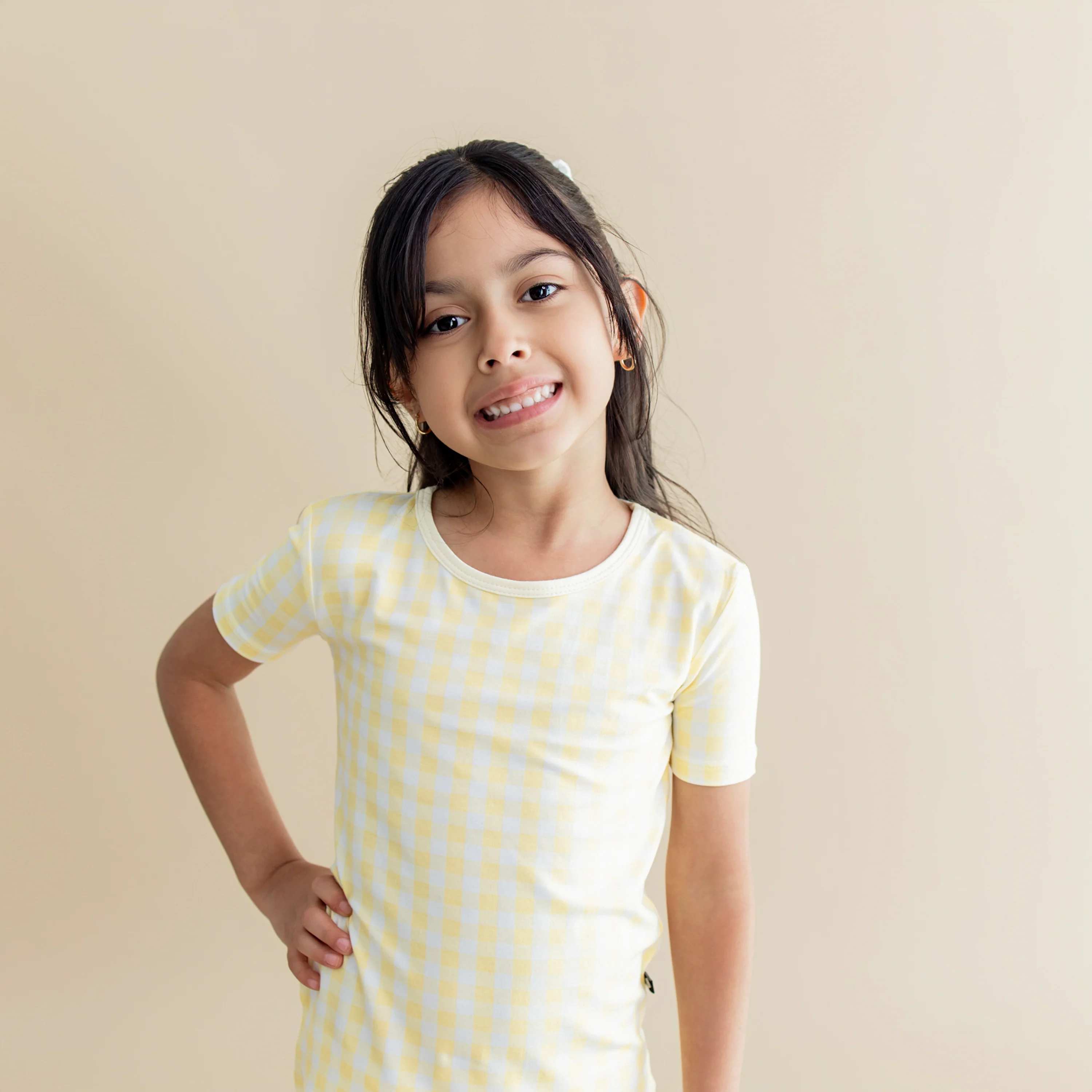 Short Sleeve Pajamas in Gingham Chamomile - Image 3