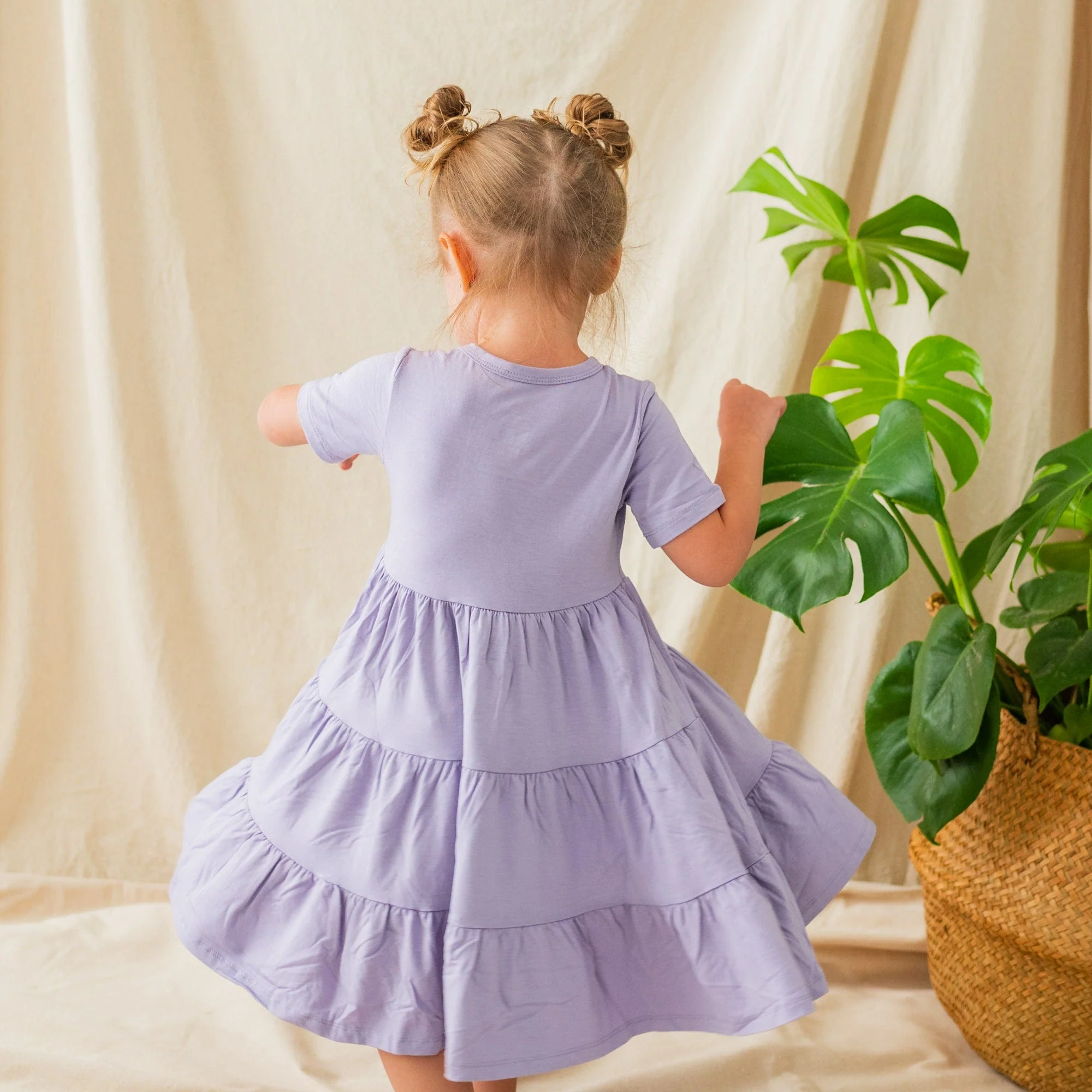 Short Sleeve Tiered Dress in Taro - Image 3
