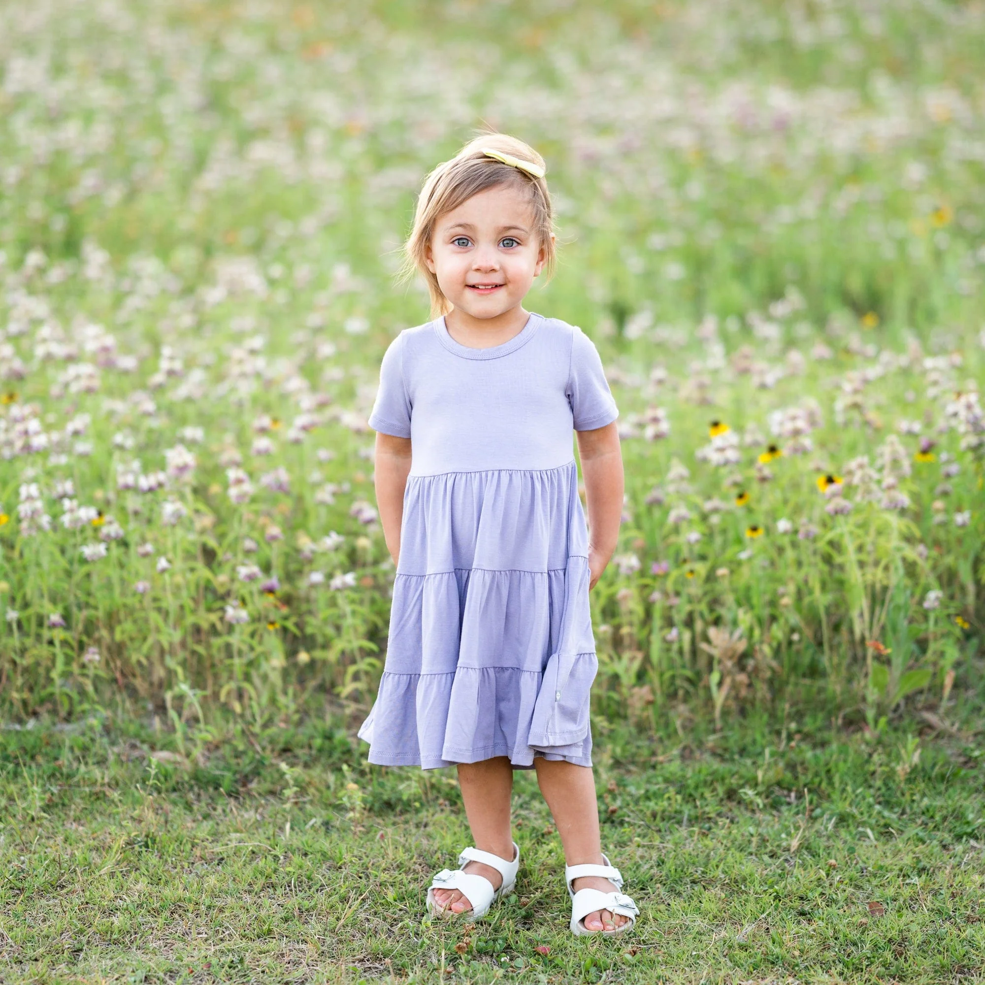 Short Sleeve Tiered Dress in Taro - Image 4