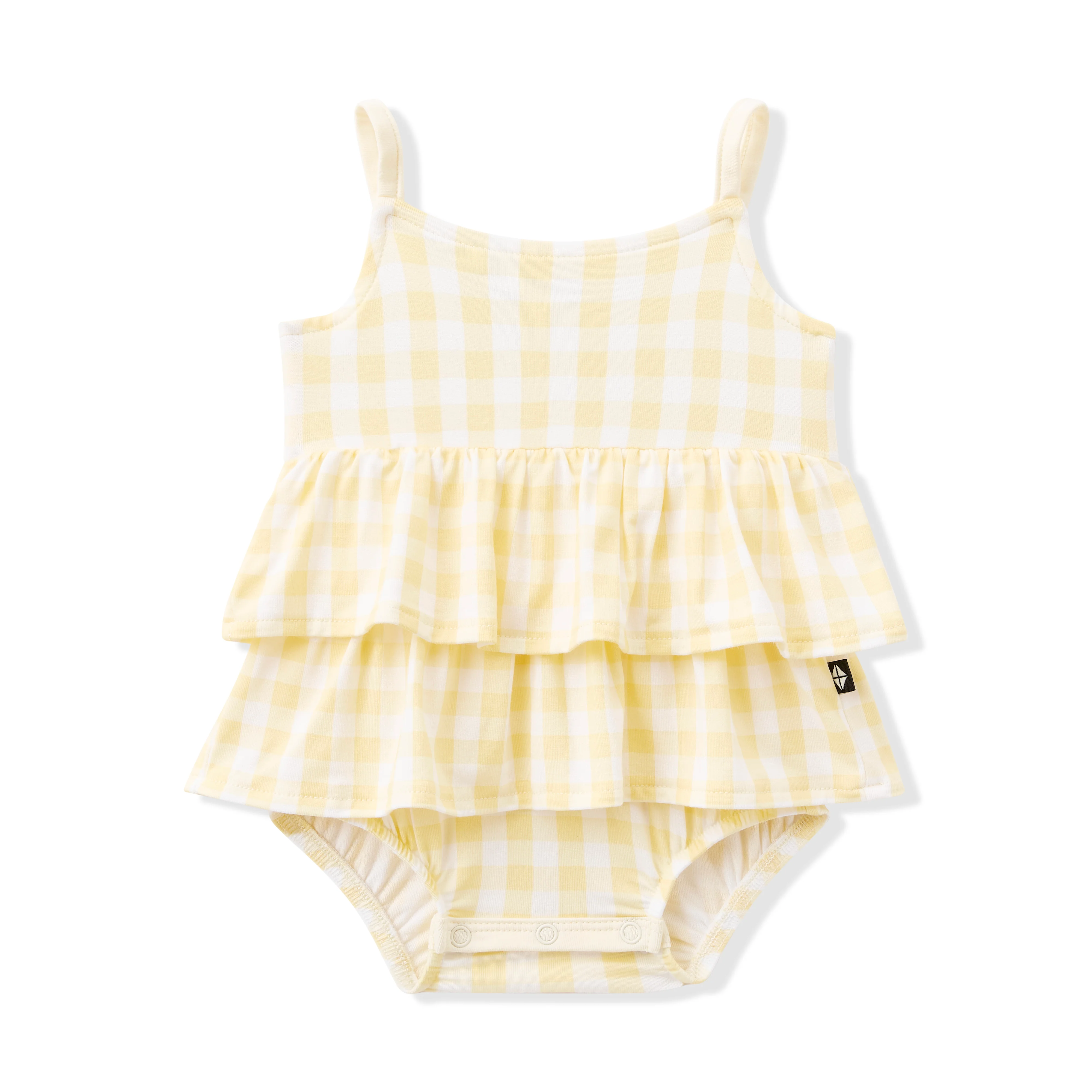 Spaghetti Strap Ruffle Romper in Gingham Chamomile - Image 2
