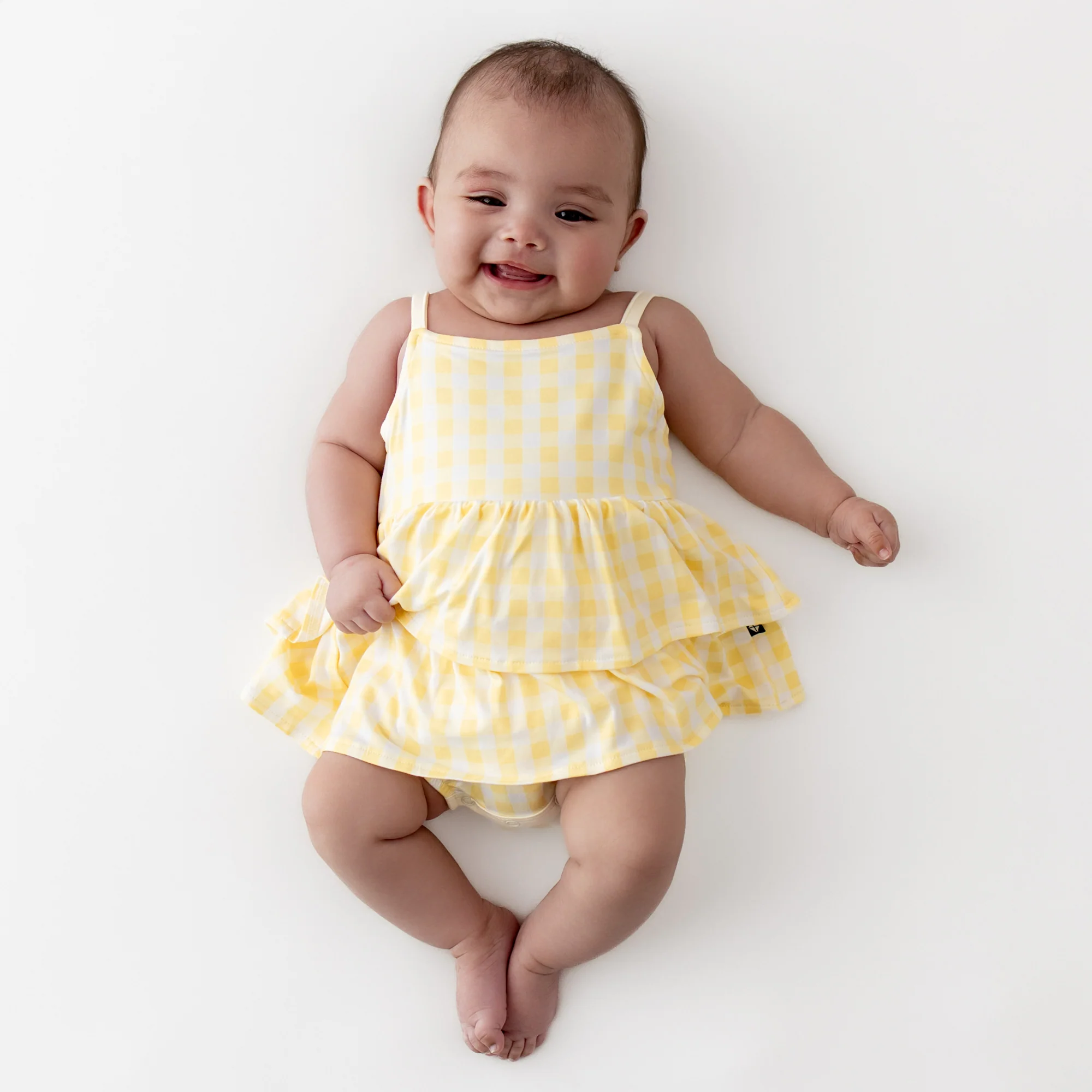 Spaghetti Strap Ruffle Romper in Gingham Chamomile - Image 4