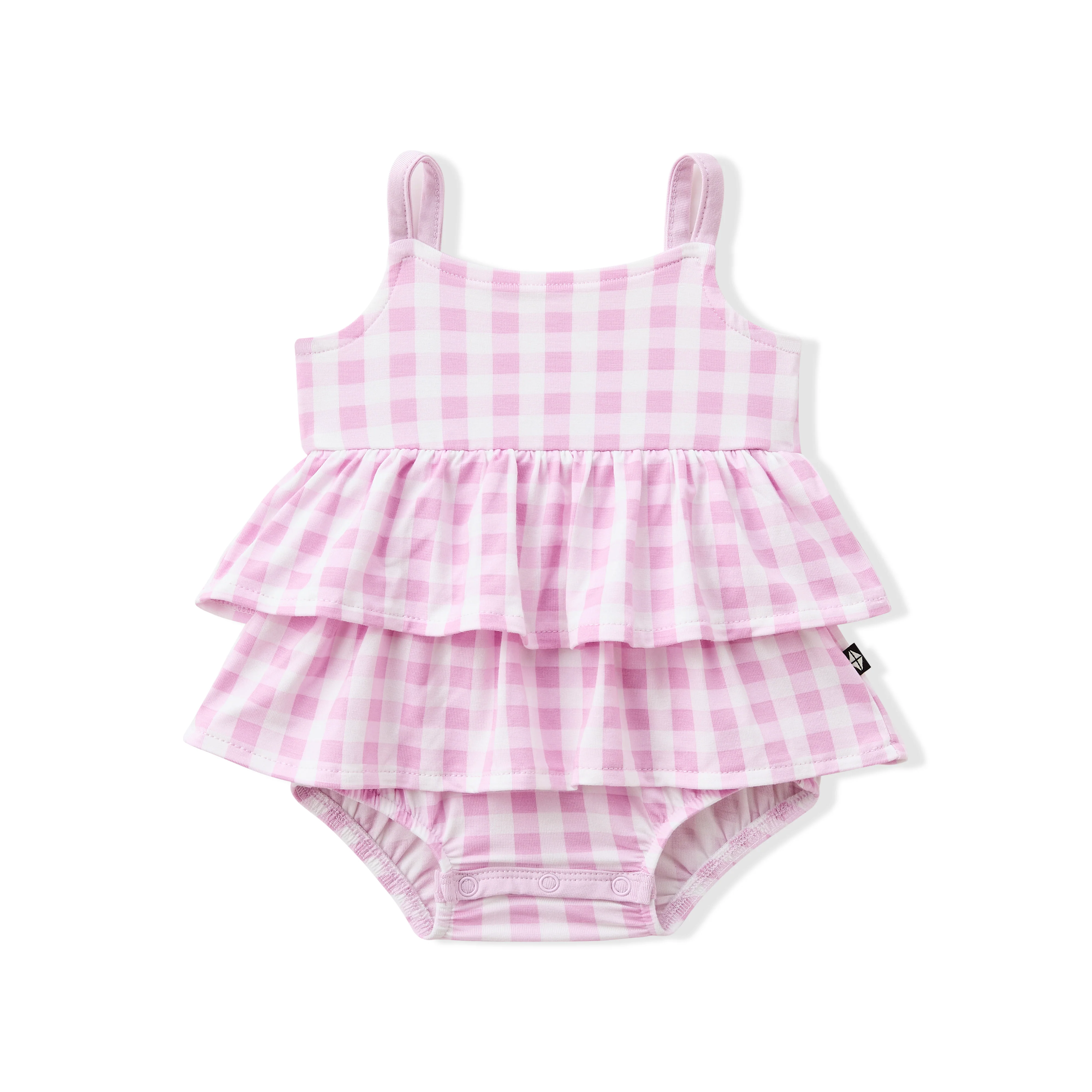 Spaghetti Strap Ruffle Romper in Gingham Thistle - Image 2