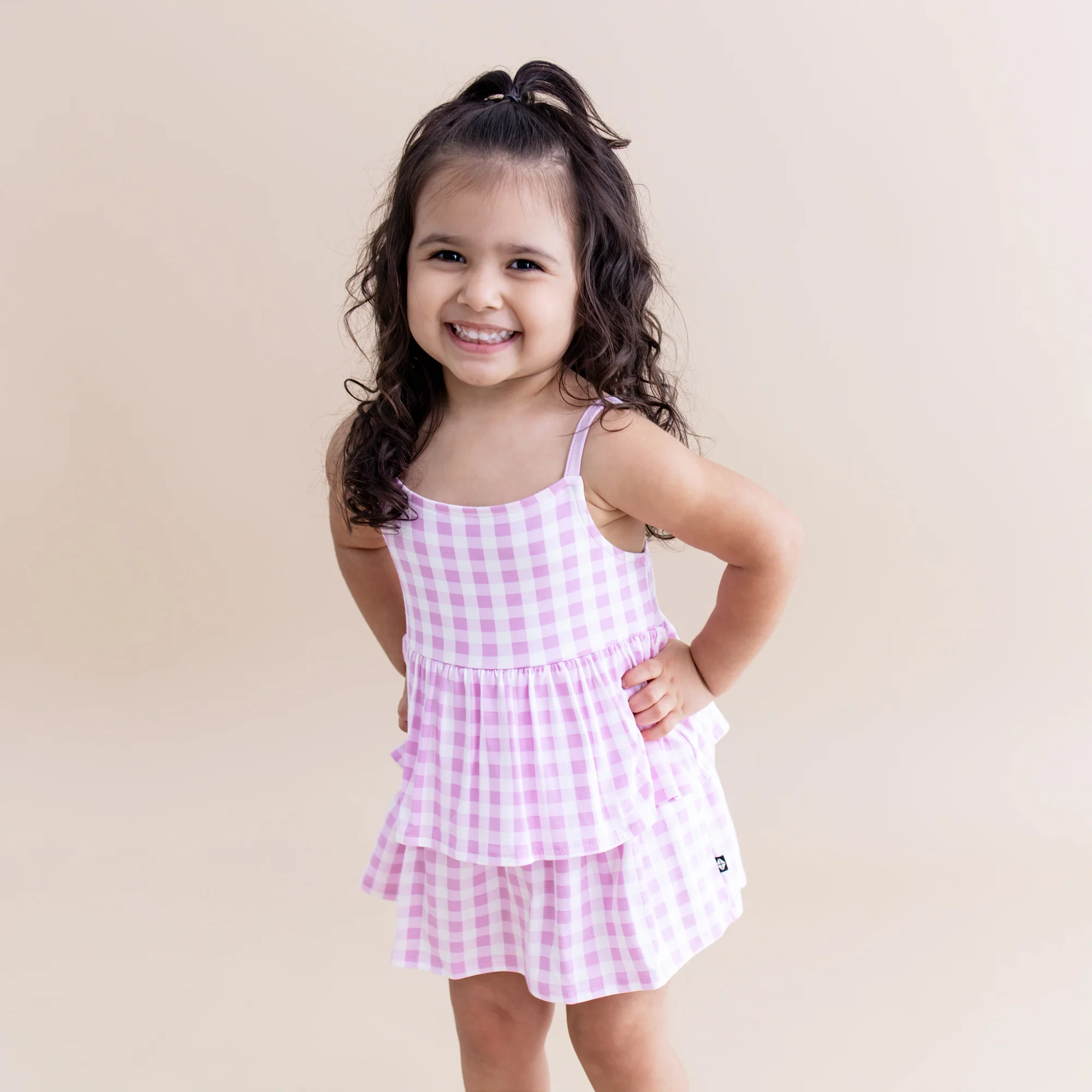 Spaghetti Strap Ruffle Romper in Gingham Thistle - Image 3