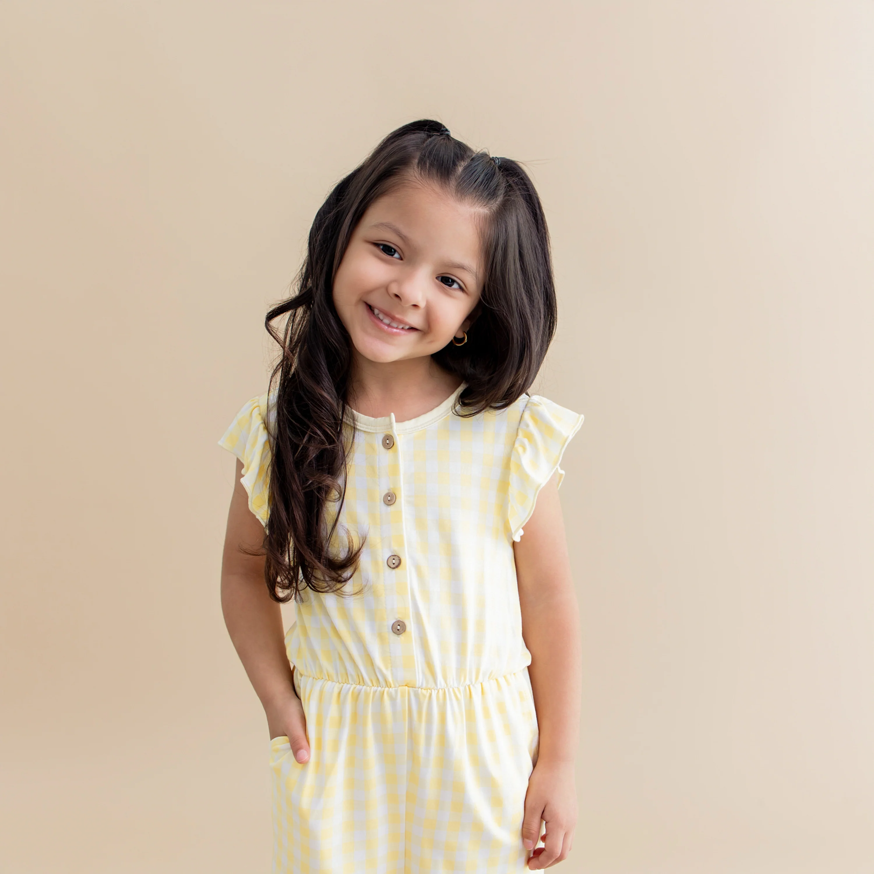 Flutter Sleeve Romper in Gingham Chamomile - Image 4