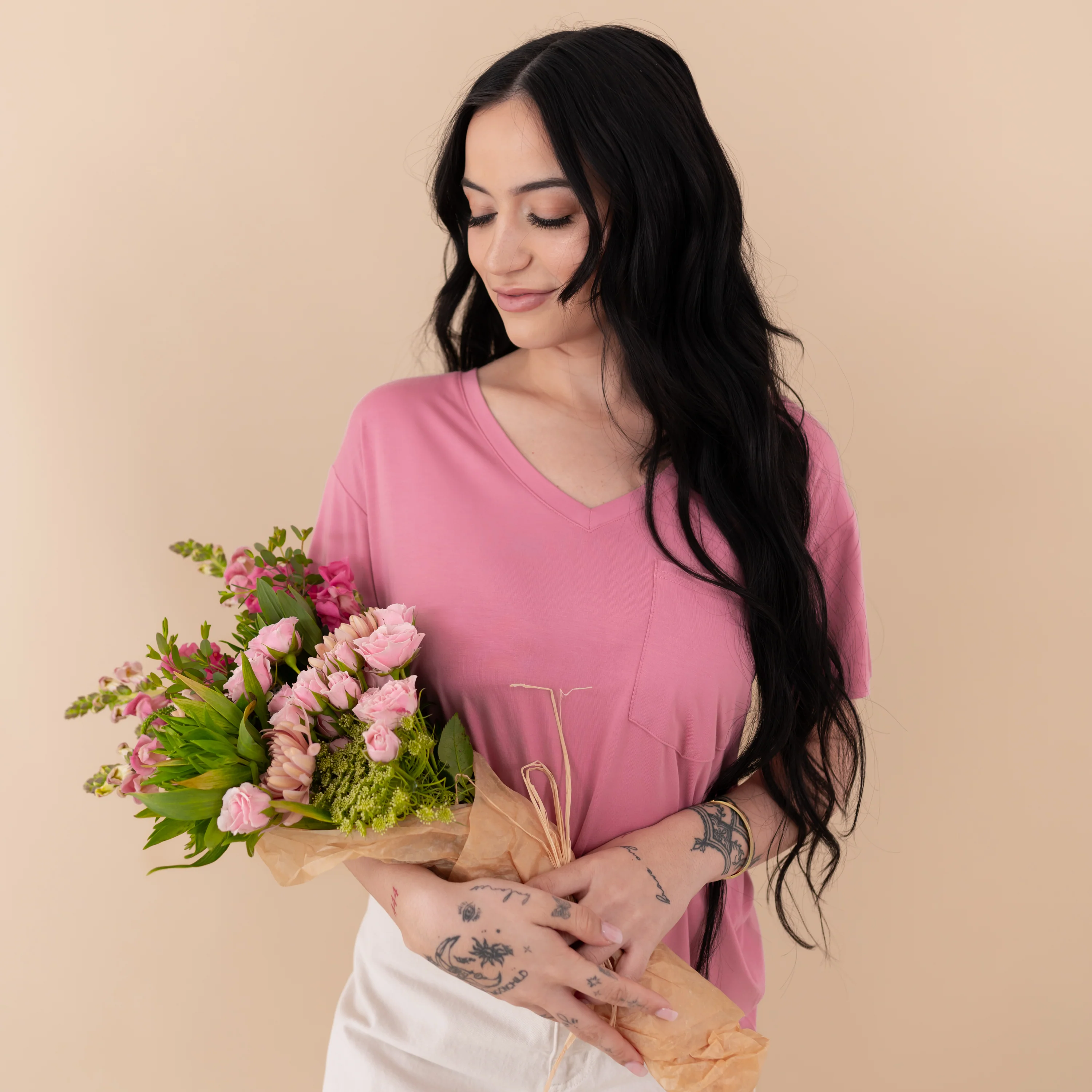 Women’s Relaxed Fit V-Neck in Apple Blossom - Image 2