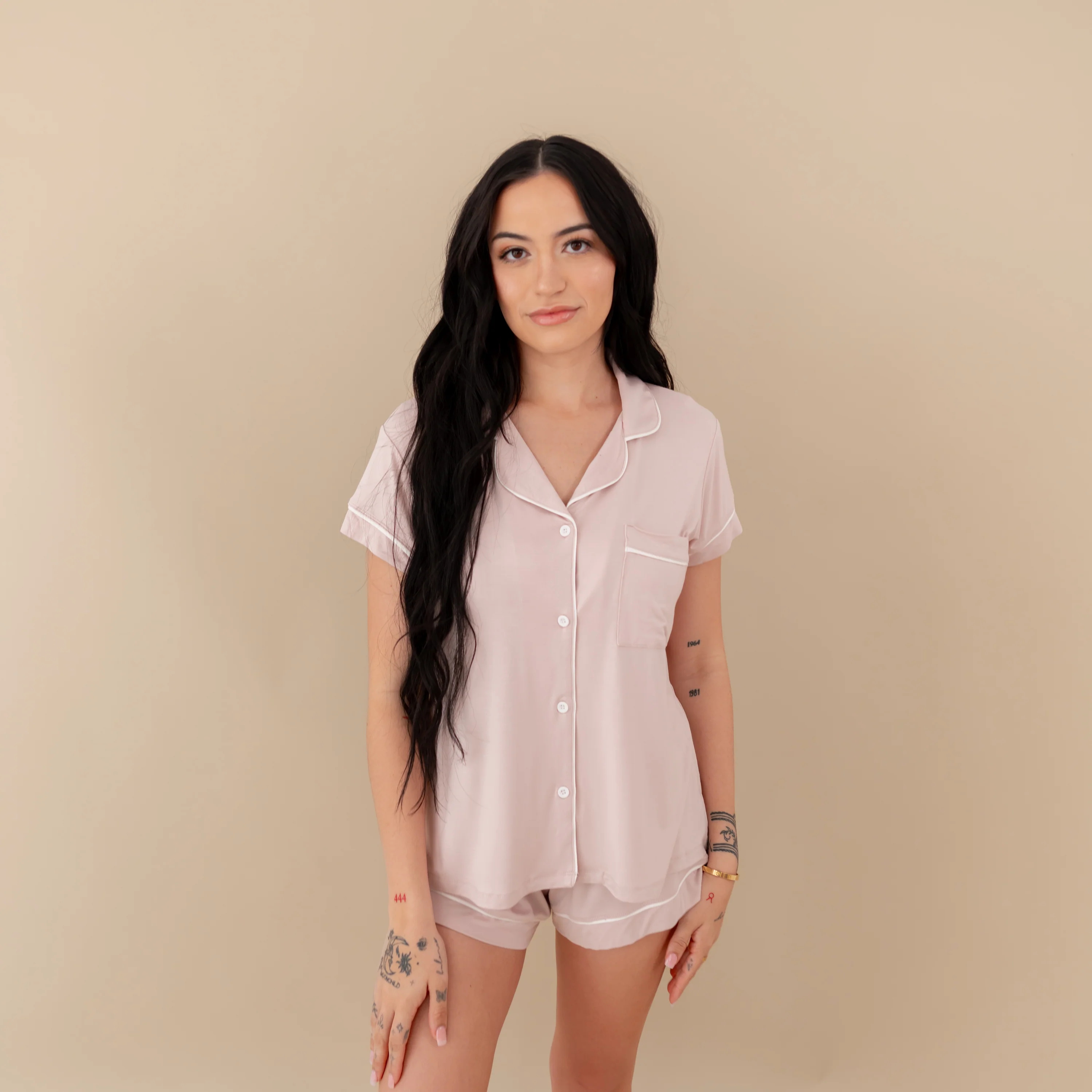 Women’s Short Sleeve Pajama Set in Blush with Cloud Trim - Image 3