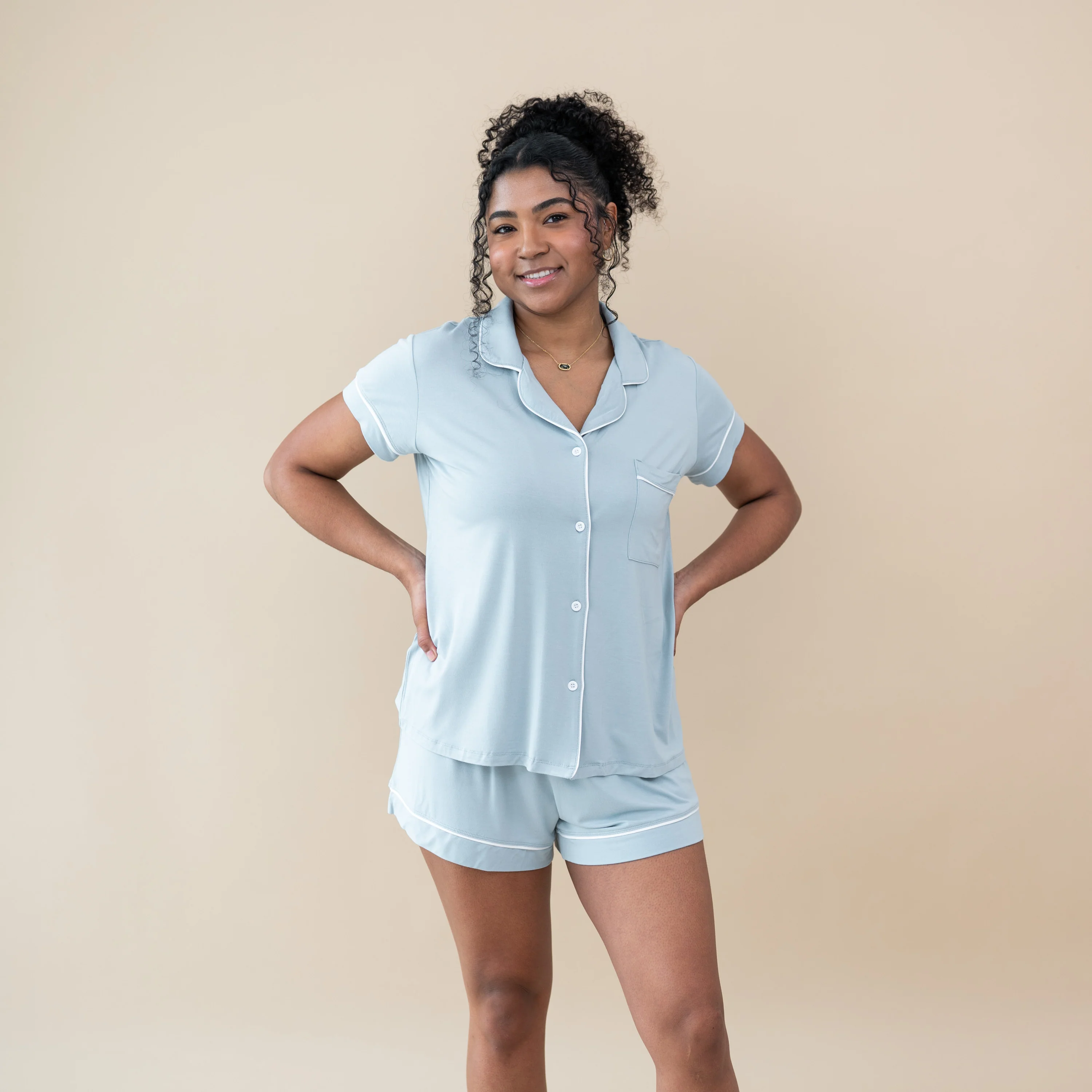 Women’s Short Sleeve Pajama Set in Fog with Cloud Trim - Image 5