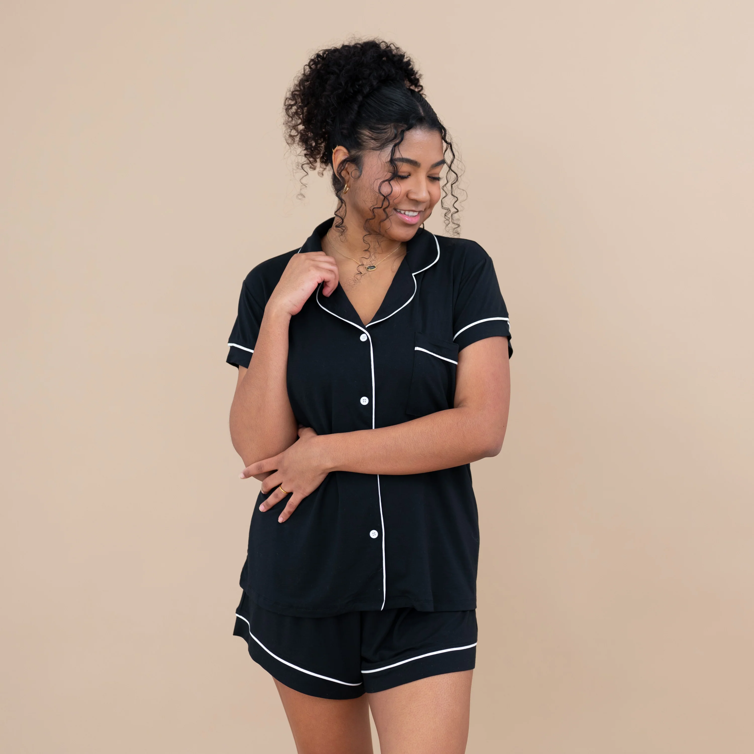 Women’s Short Sleeve Pajama Set in Midnight with Cloud Trim - Image 2