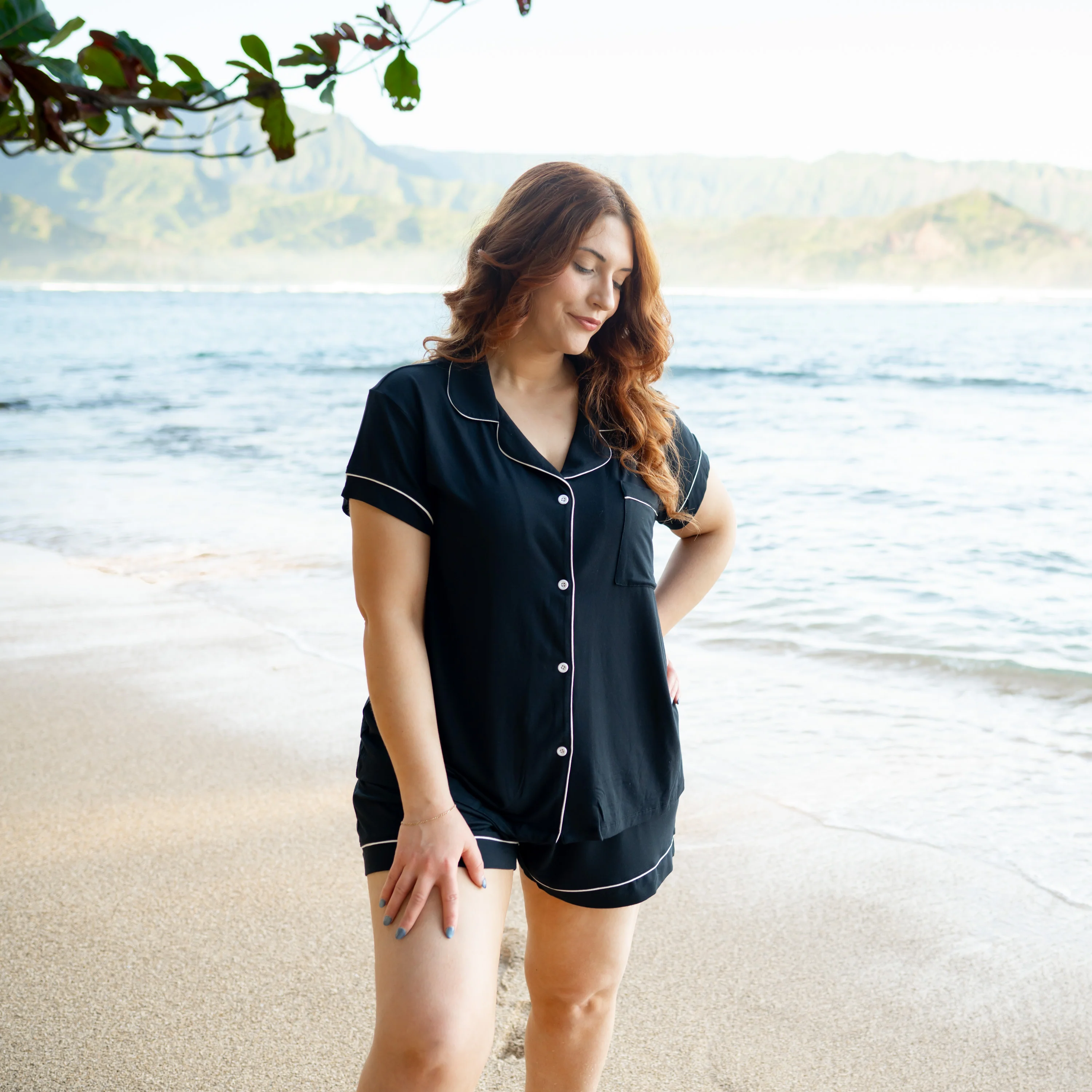 Women’s Short Sleeve Pajama Set in Midnight with Cloud Trim - Image 4