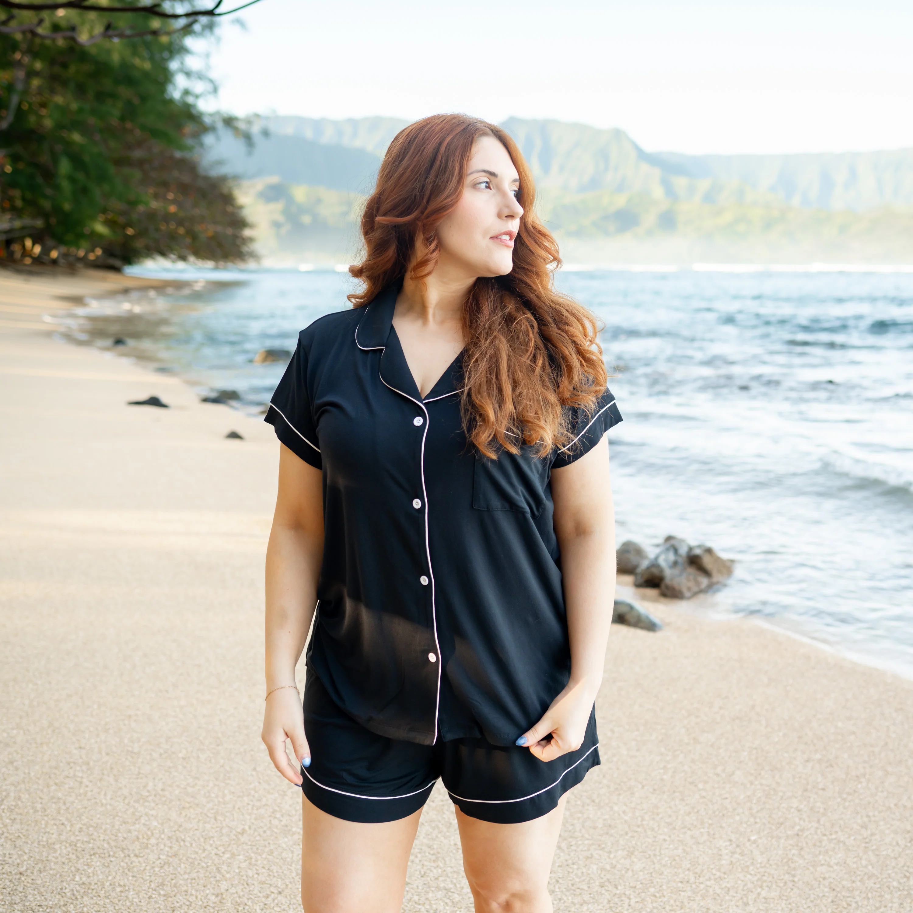 Women’s Short Sleeve Pajama Set in Midnight with Cloud Trim - Image 5