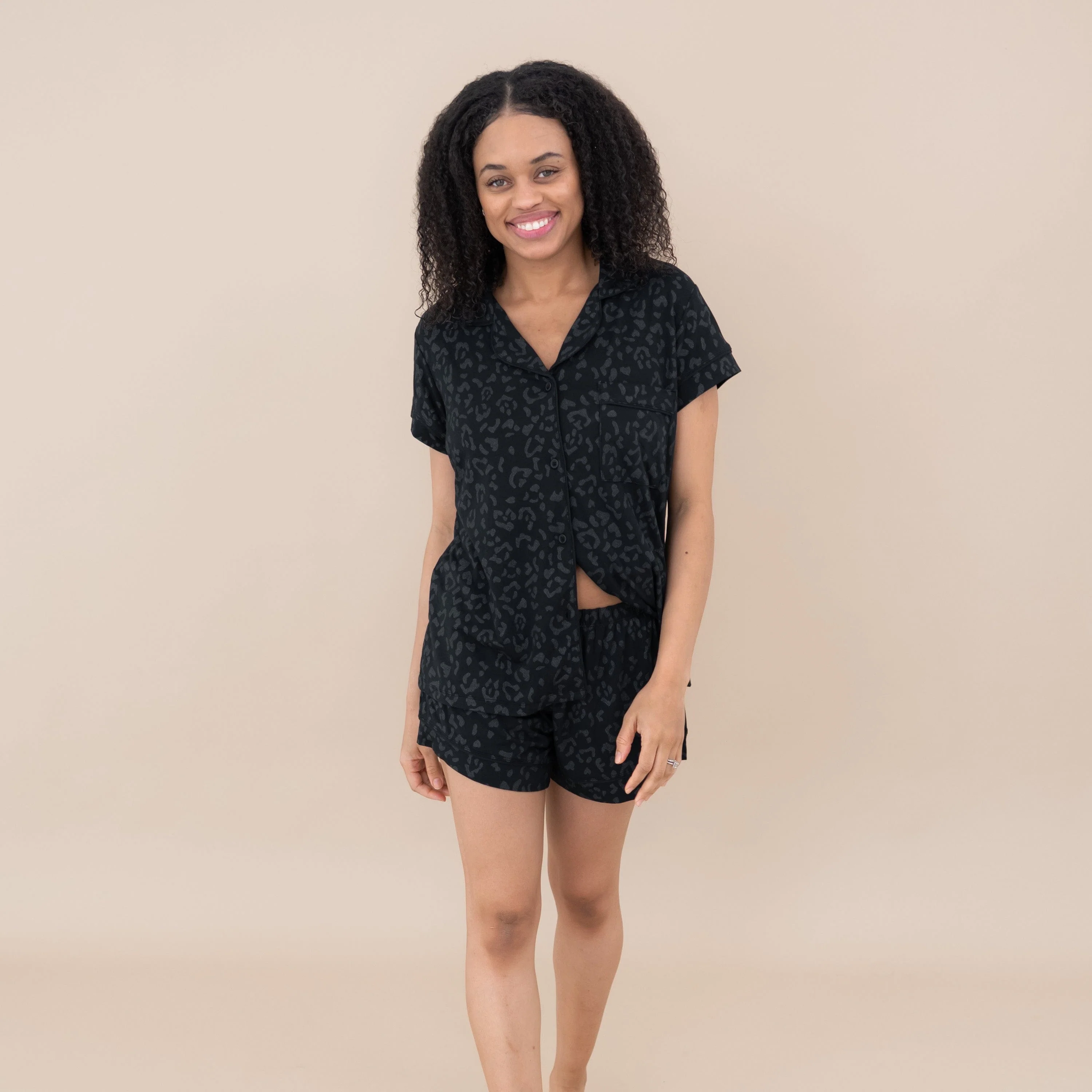 Women’s Short Sleeve Pajama Set in Midnight Leopard - Image 2