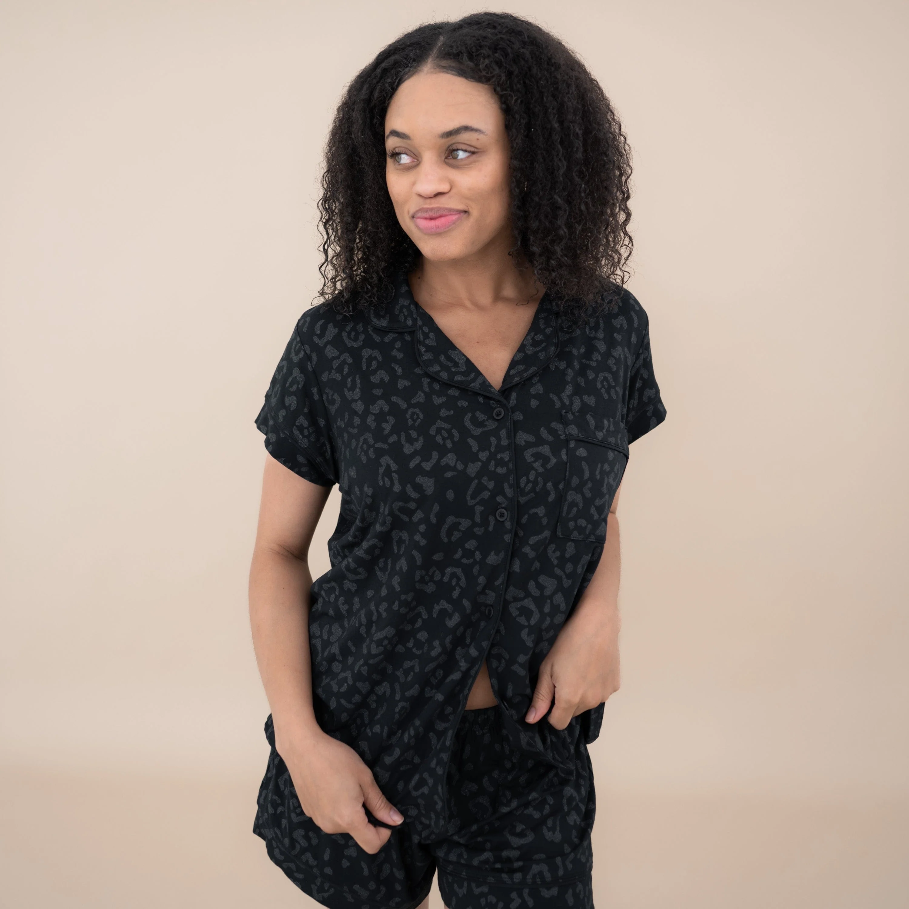 Women’s Short Sleeve Pajama Set in Midnight Leopard - Image 3