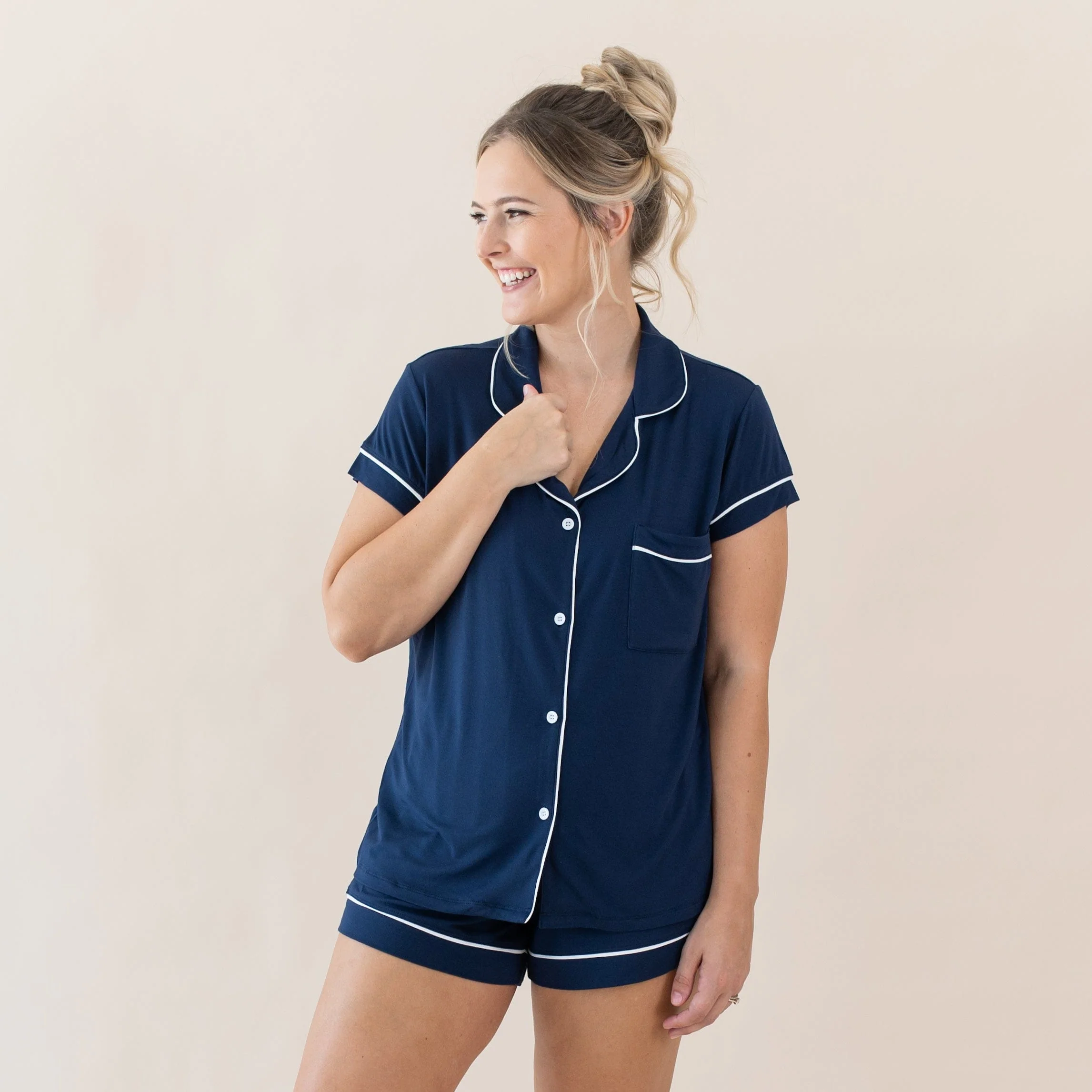 Women’s Short Sleeve Pajama Set in Navy with Cloud Trim - Image 2