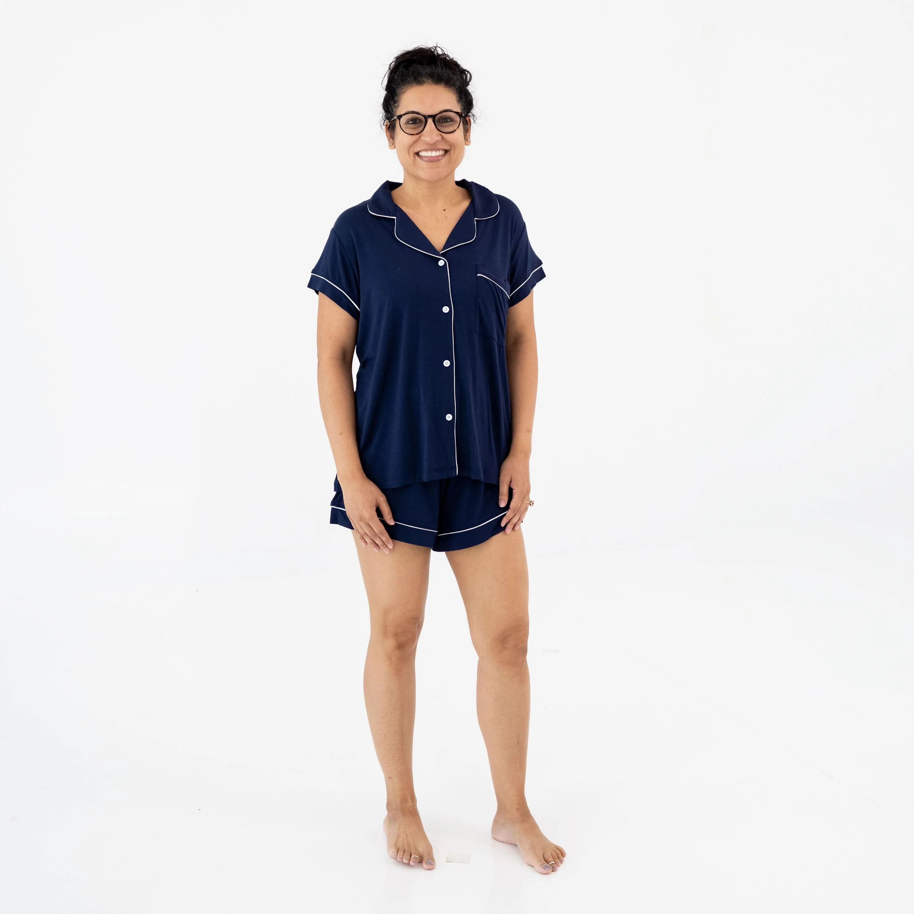 Women’s Short Sleeve Pajama Set in Navy with Cloud Trim - Image 3