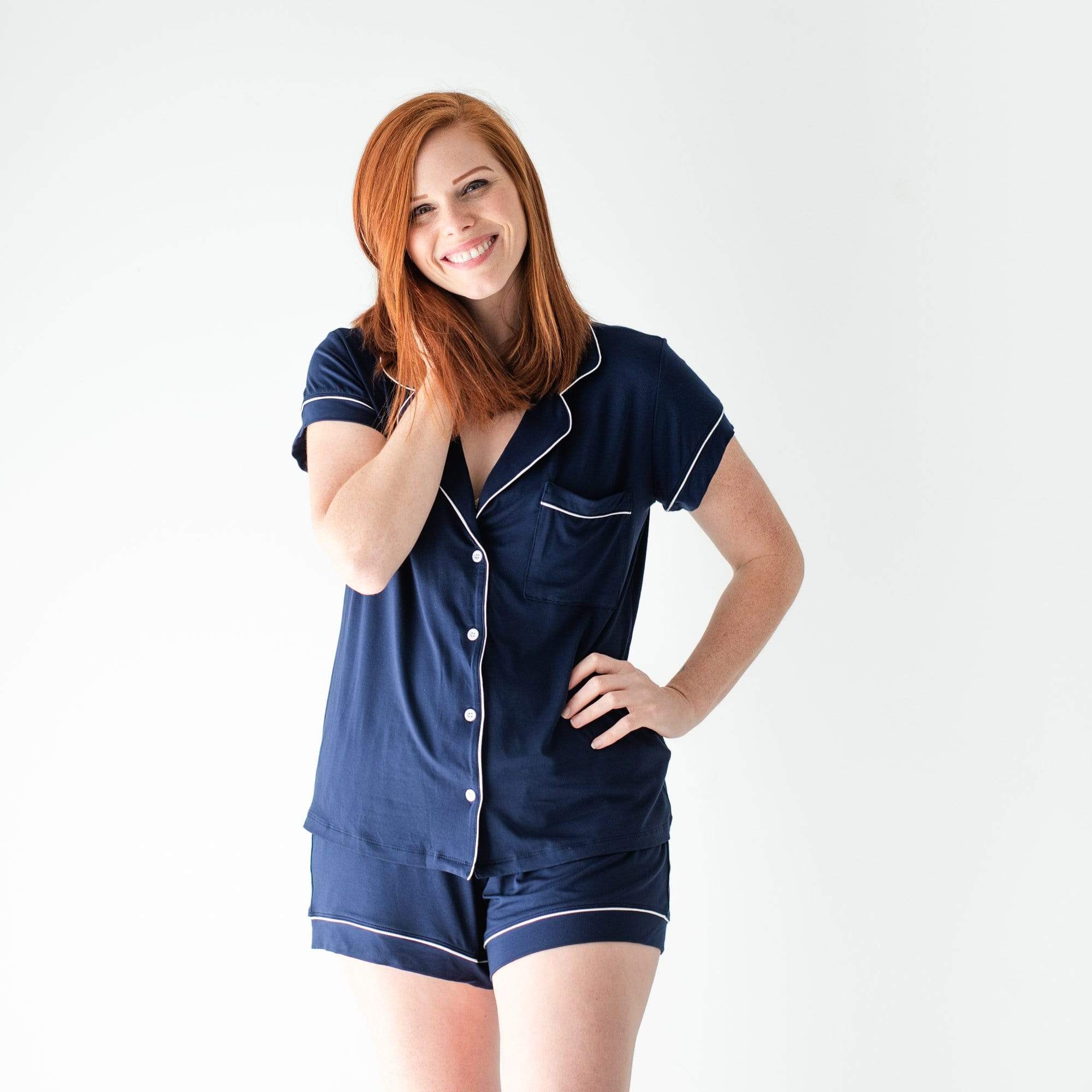 Women’s Short Sleeve Pajama Set in Navy with Cloud Trim - Image 4