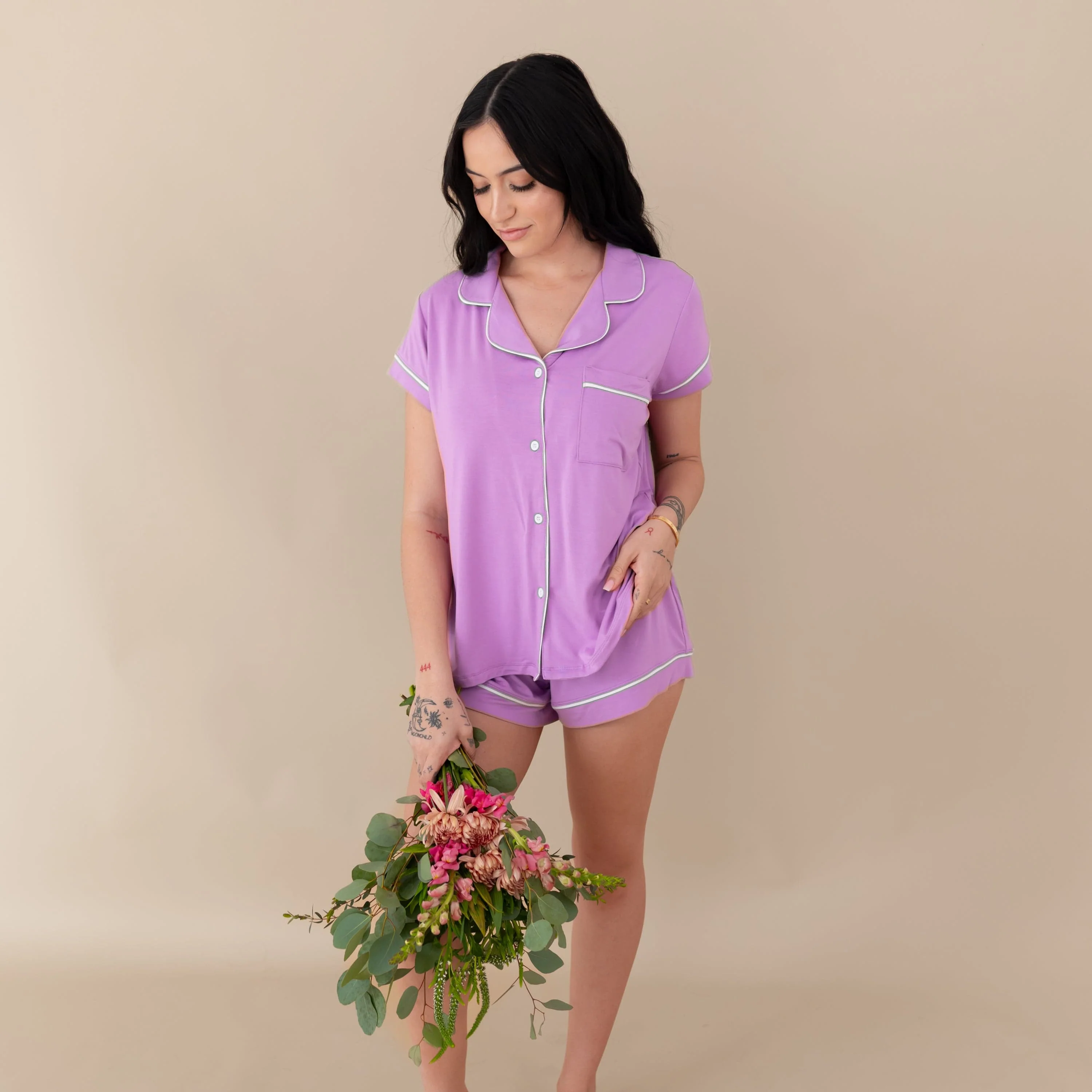 Women’s Short Sleeve Pajama Set in Poi with Cloud Trim - Image 3