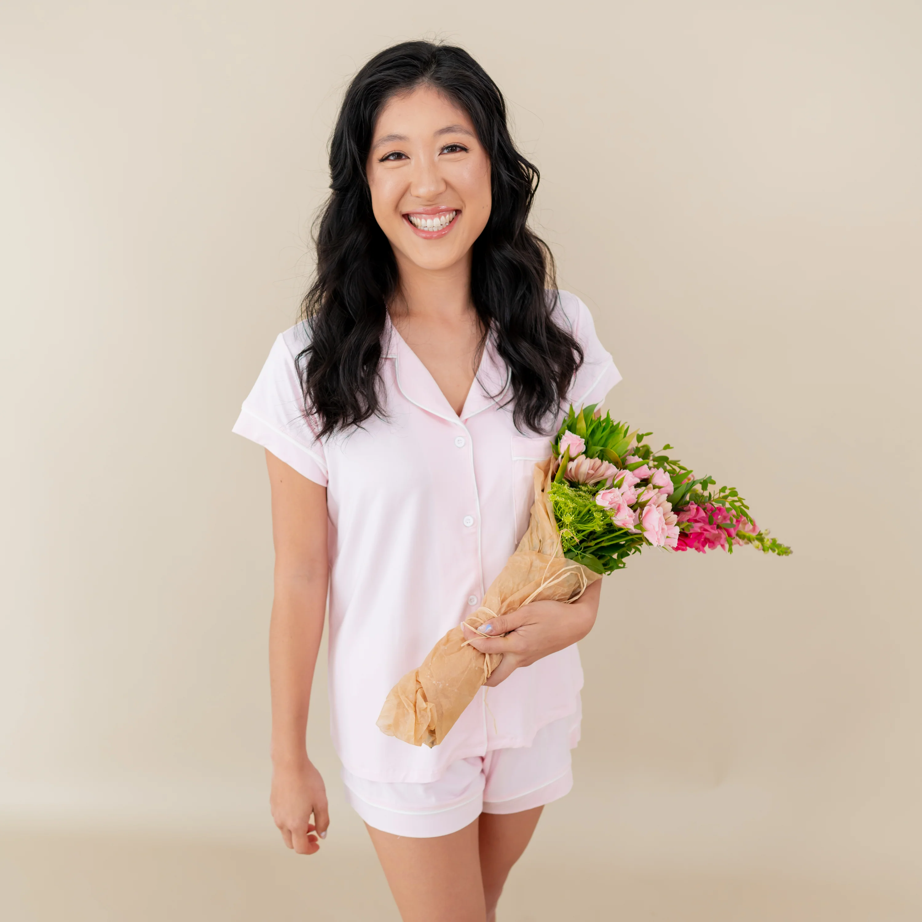 Women’s Short Sleeve Pajama Set in Sakura with Cloud Trim - Image 2
