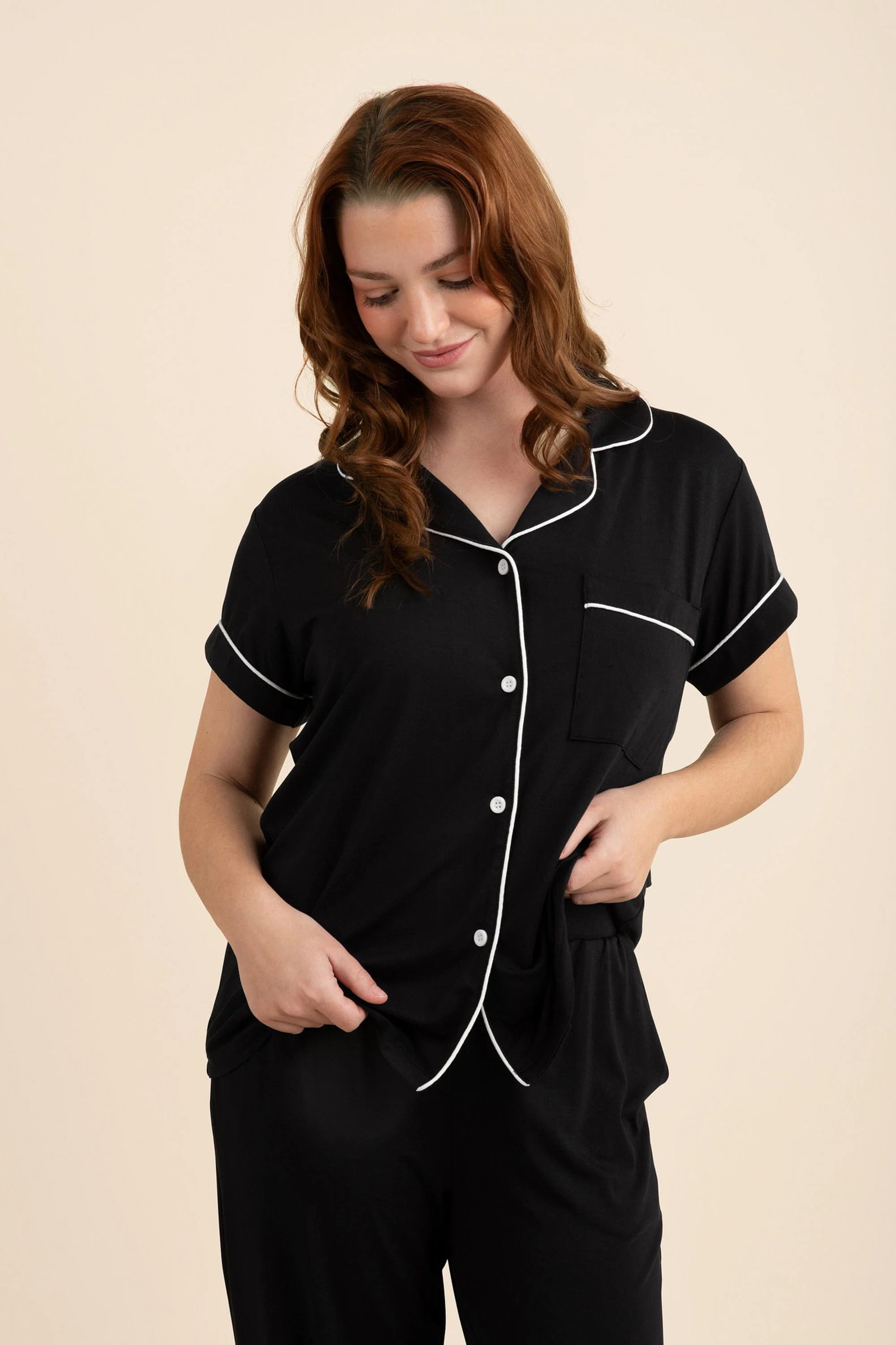Women's Short Sleeve Cropped Pajama Set in Midnight - Image 2