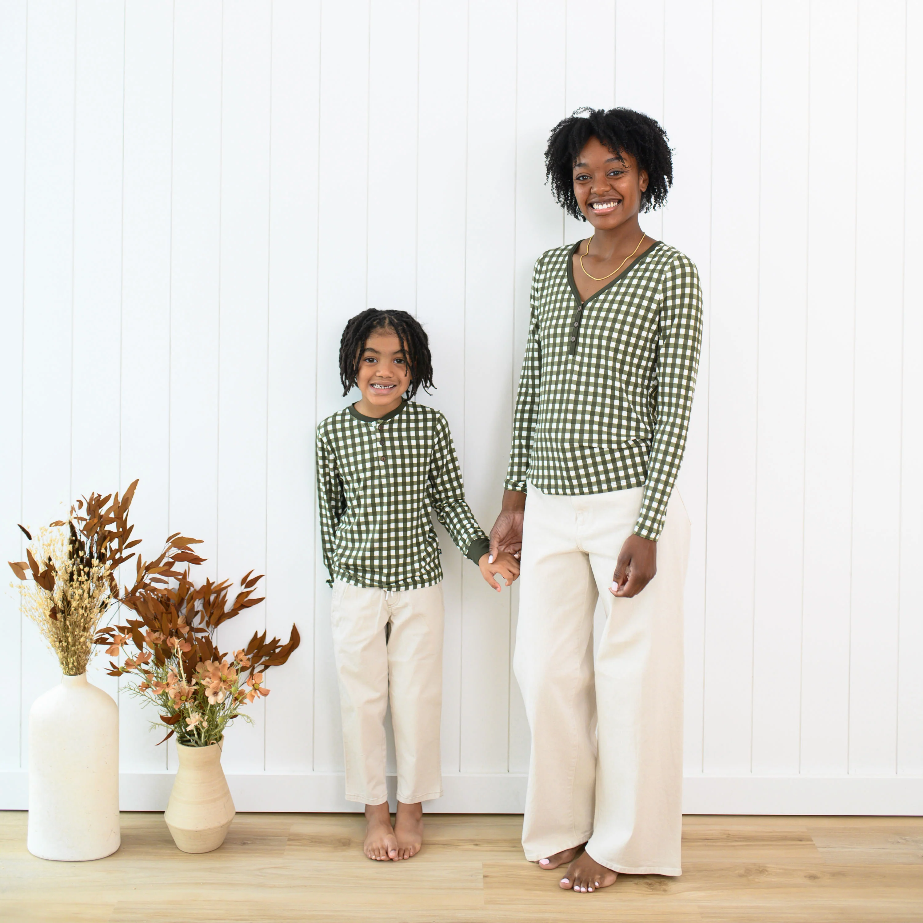 Women's Long Sleeve Henley Tee in Gingham Fir - Image 2