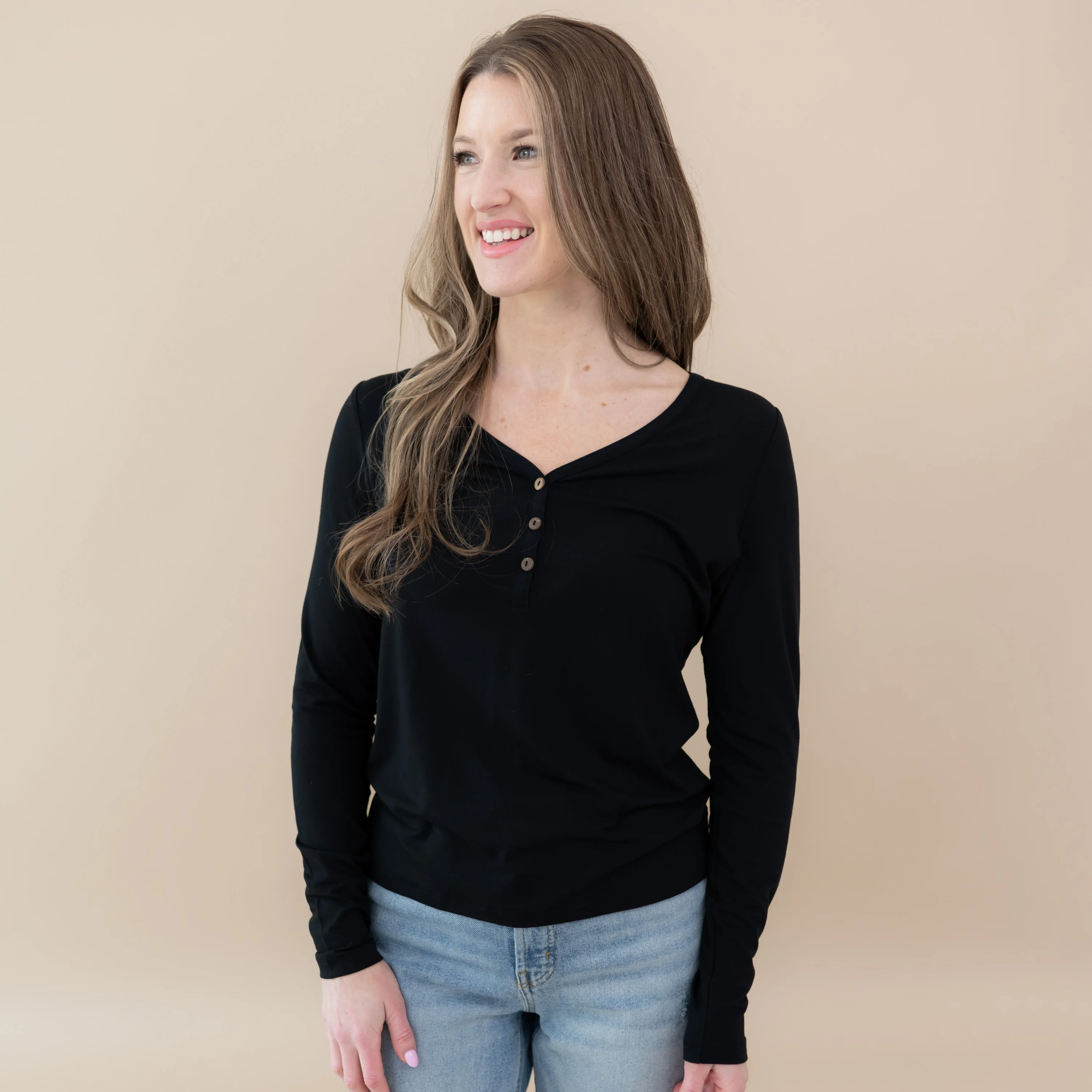Women's Long Sleeve Henley Tee in Midnight - Image 2