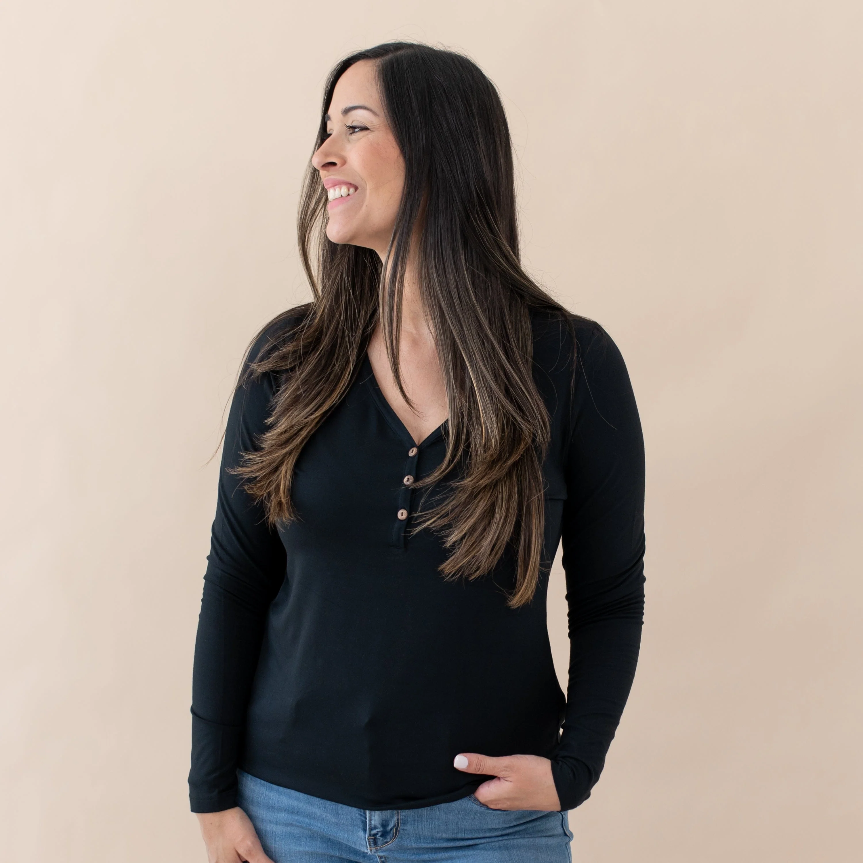 Women's Long Sleeve Henley Tee in Midnight - Image 4