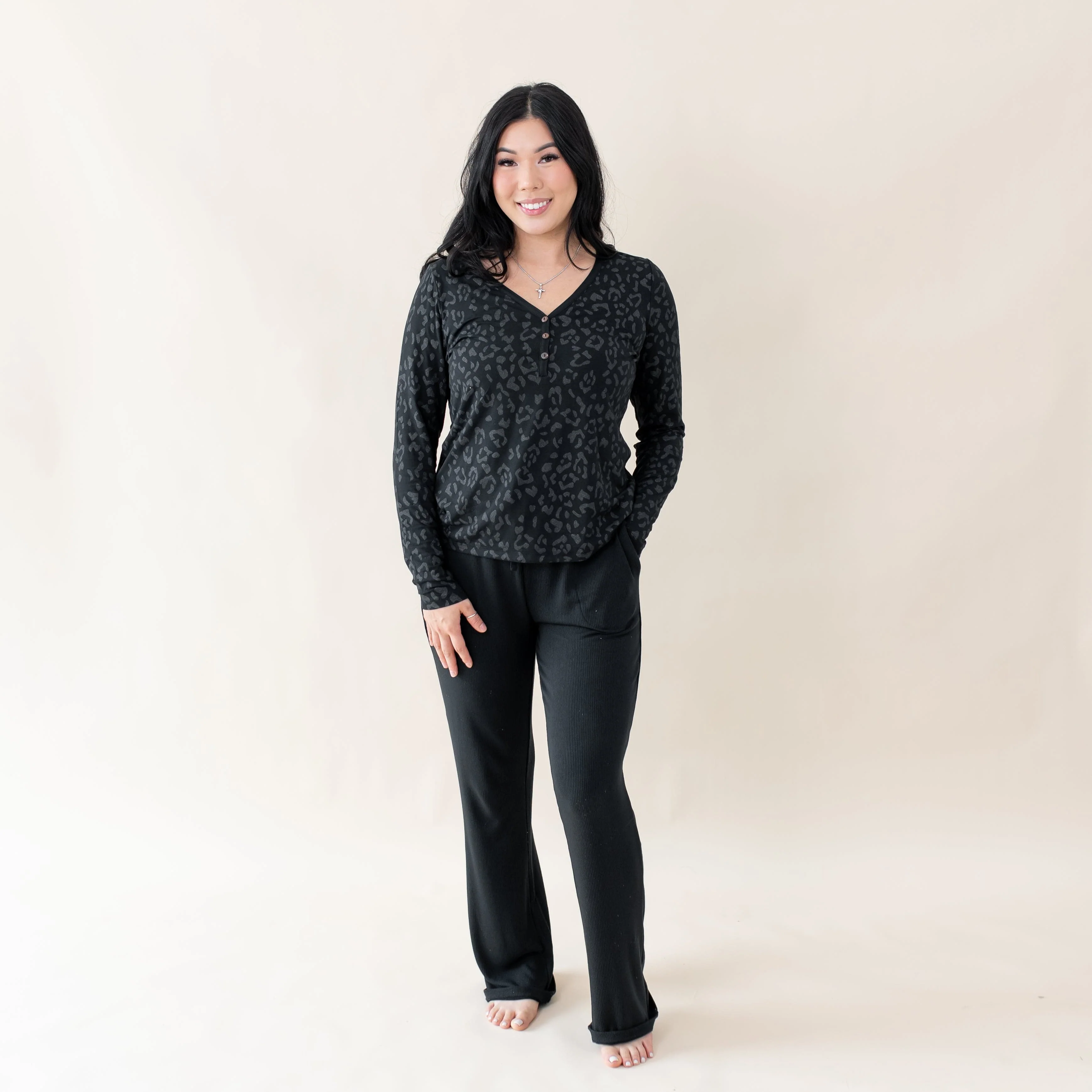 Women's Long Sleeve Henley Tee in Midnight Leopard - Image 3