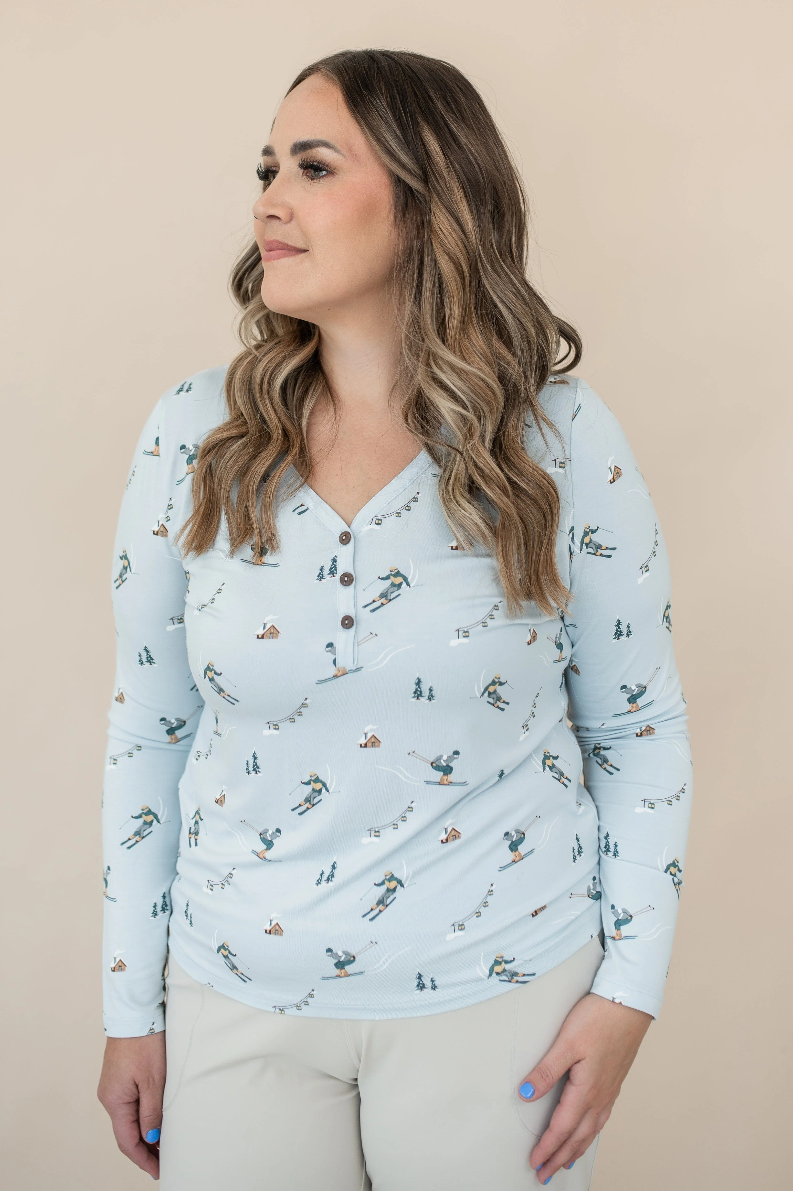 Women's Long Sleeve Henley Tee in Ski - Image 2