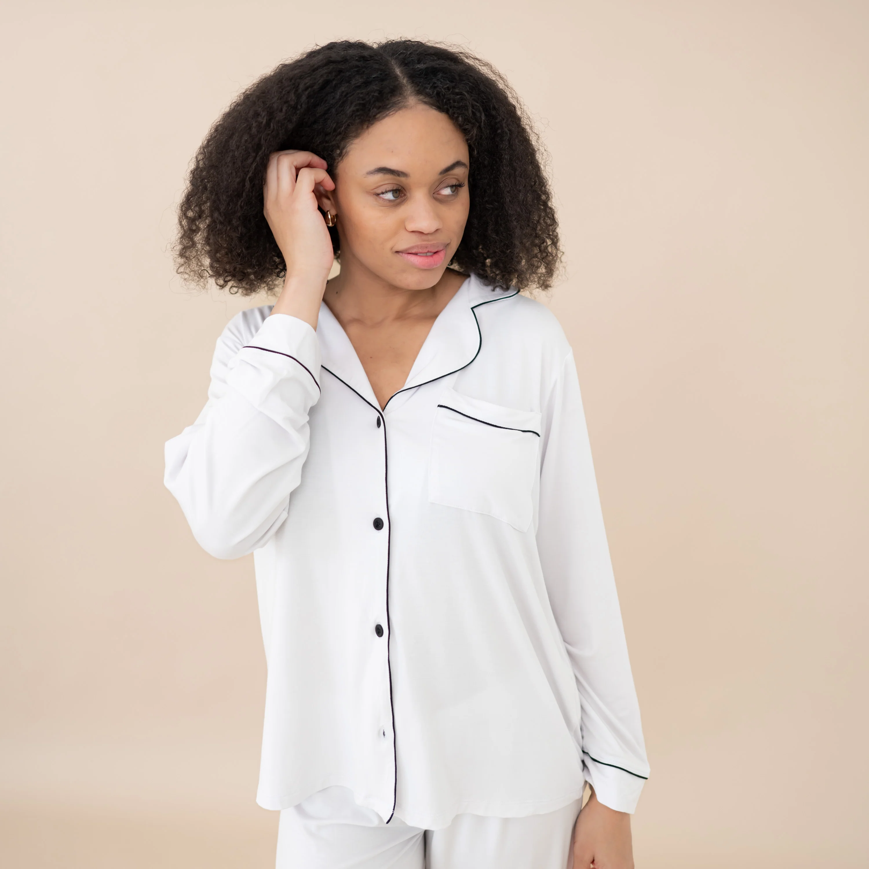 Women's Long Sleeve Pajama Set in Snow with Midnight Trim - Image 2