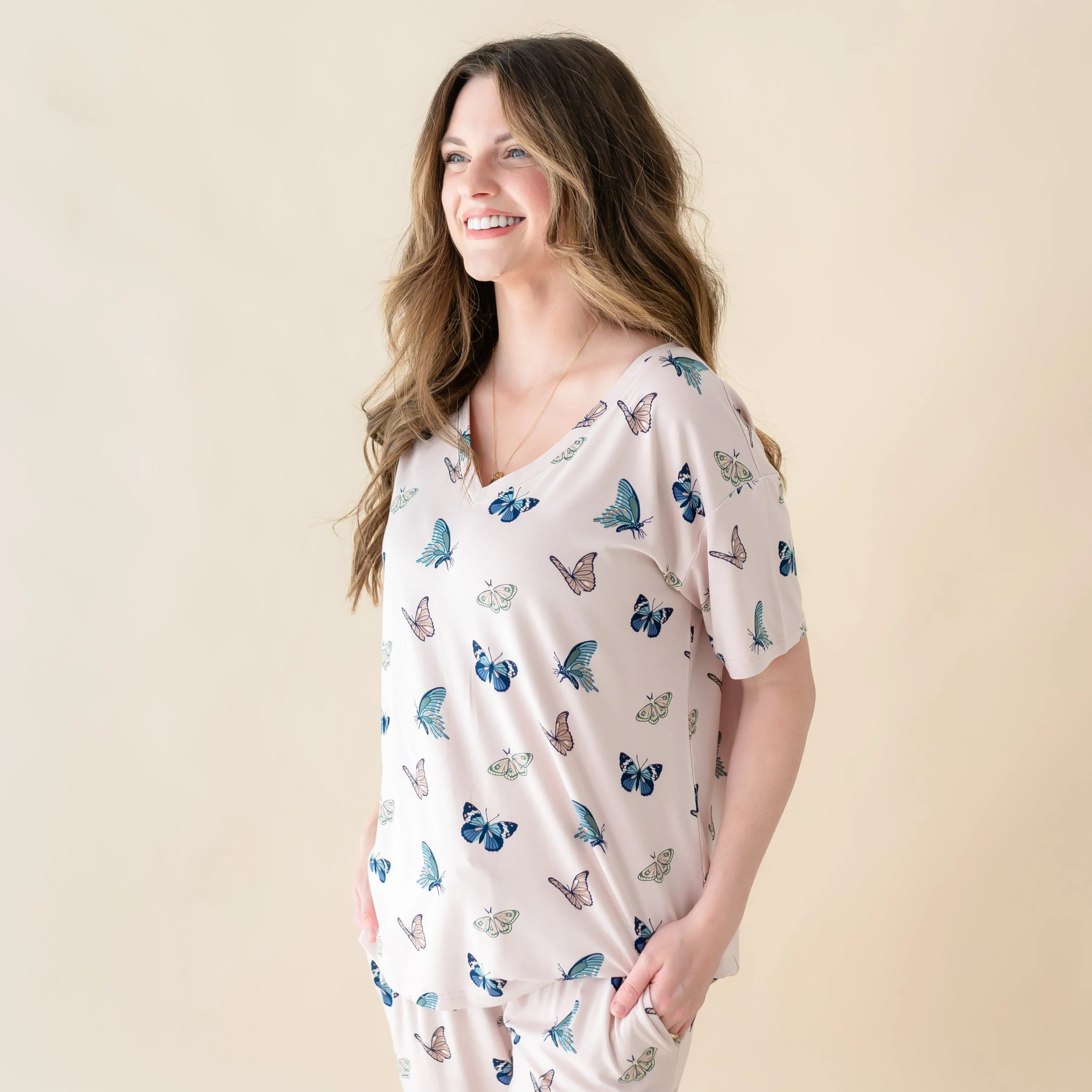 Women's Relaxed Fit V-Neck in Blush Butterfly - Image 3