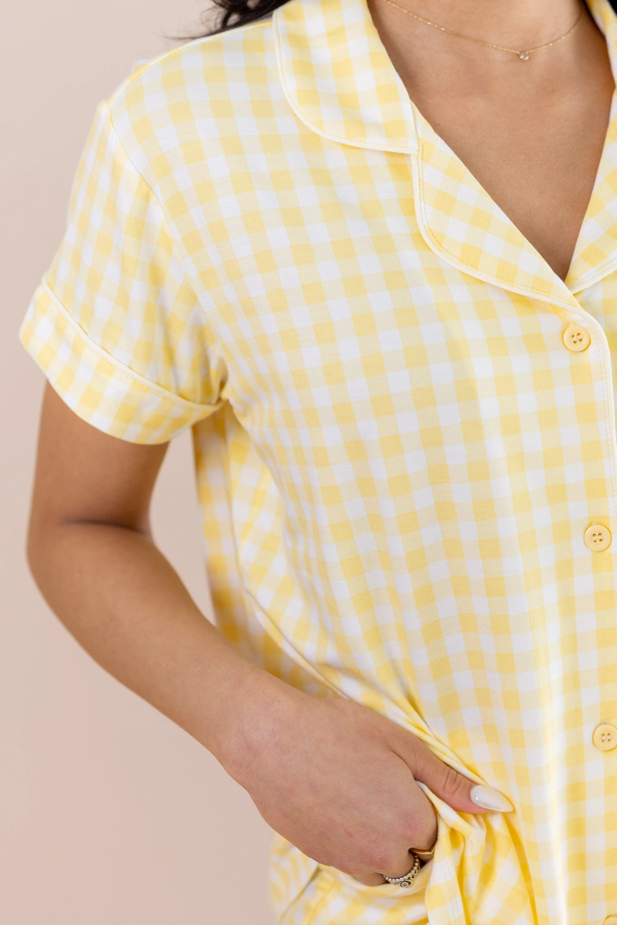 Women's Short Sleeve Cropped Pajama Set in Gingham Chamomile - Image 2