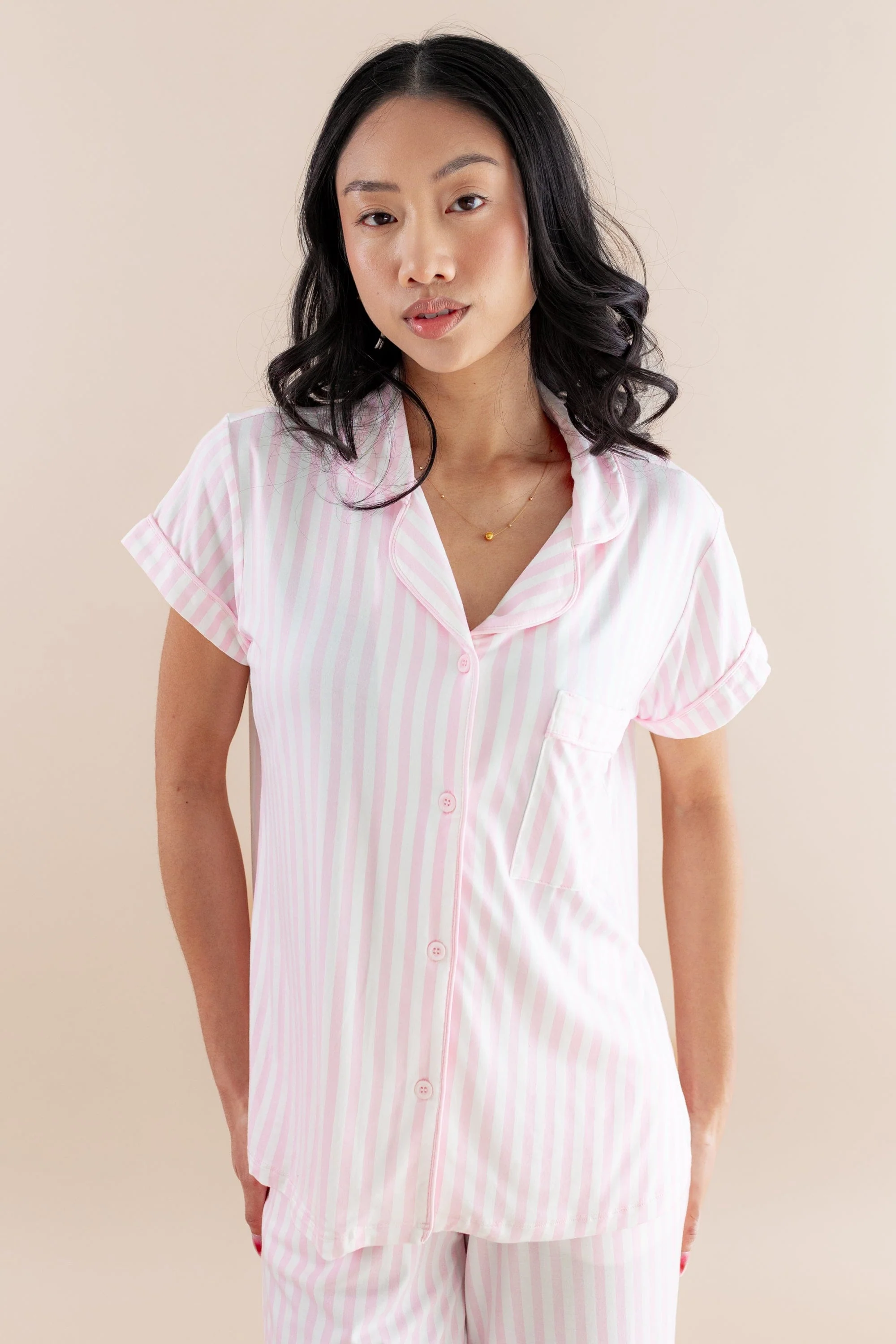 Women's Short Sleeve Cropped Pajama Set in Small Sakura Stripe - Image 2