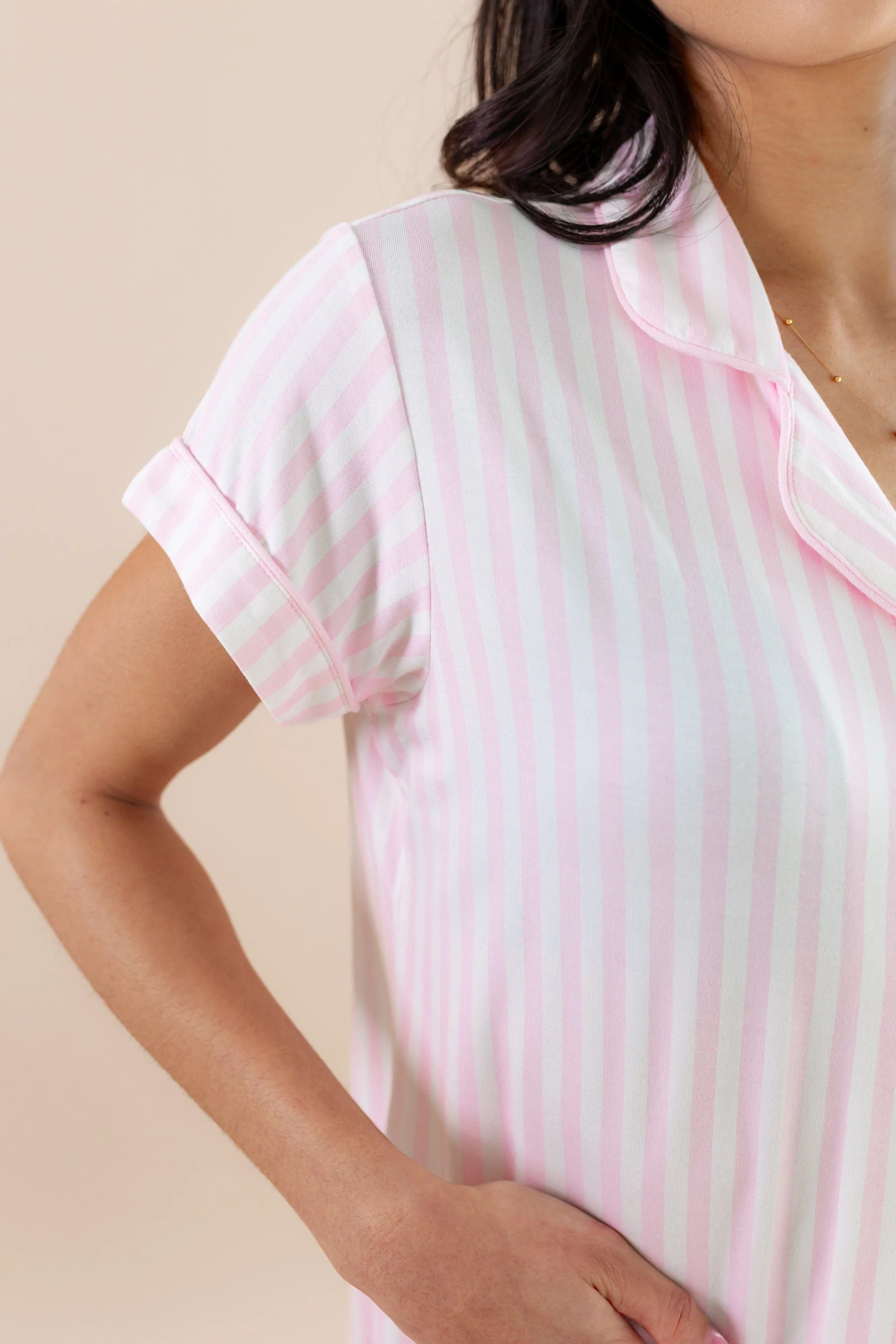 Women's Short Sleeve Cropped Pajama Set in Small Sakura Stripe - Image 4