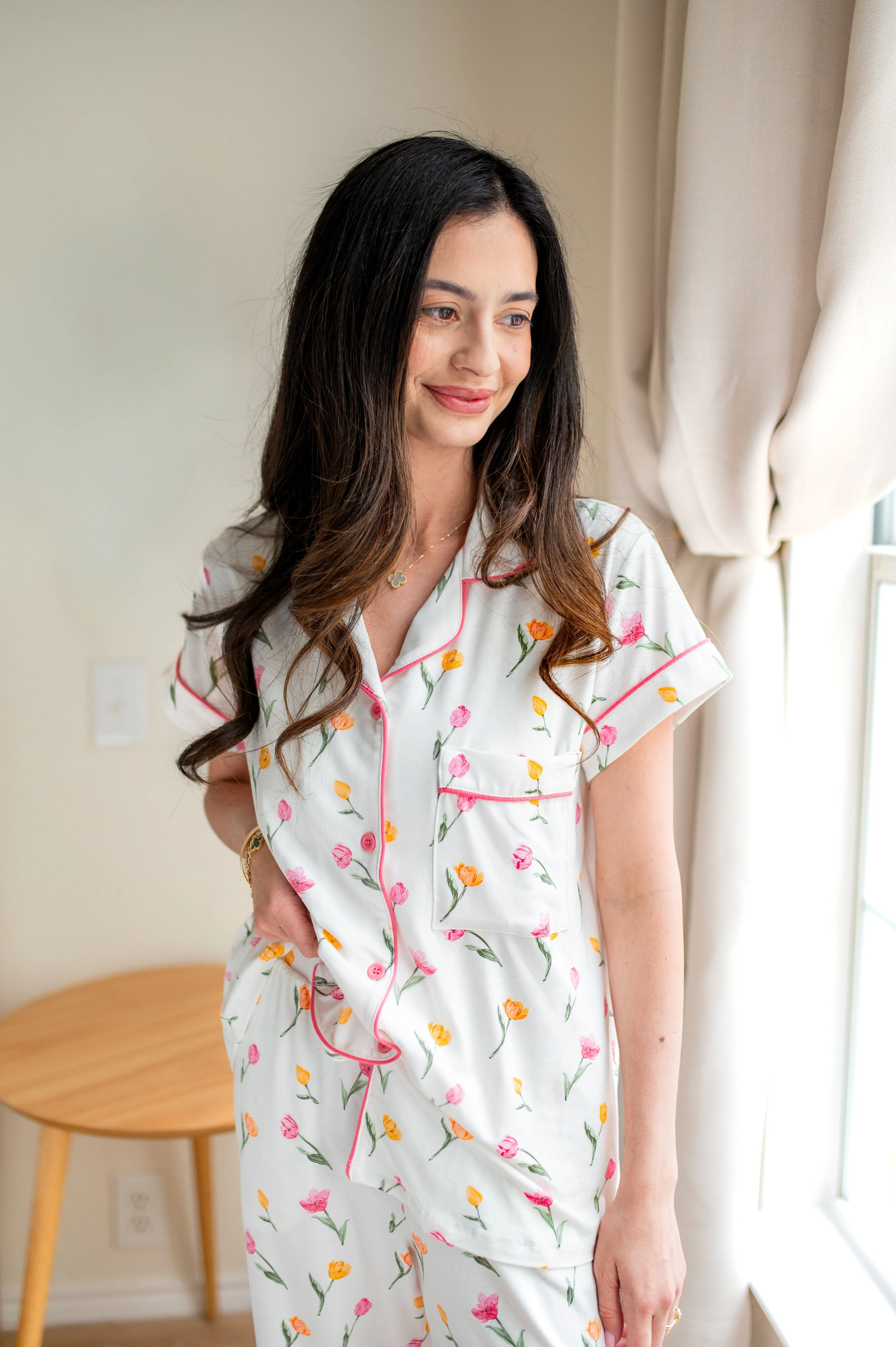 Women's Short Sleeve Cropped Pajama Set in Tulip - Image 3