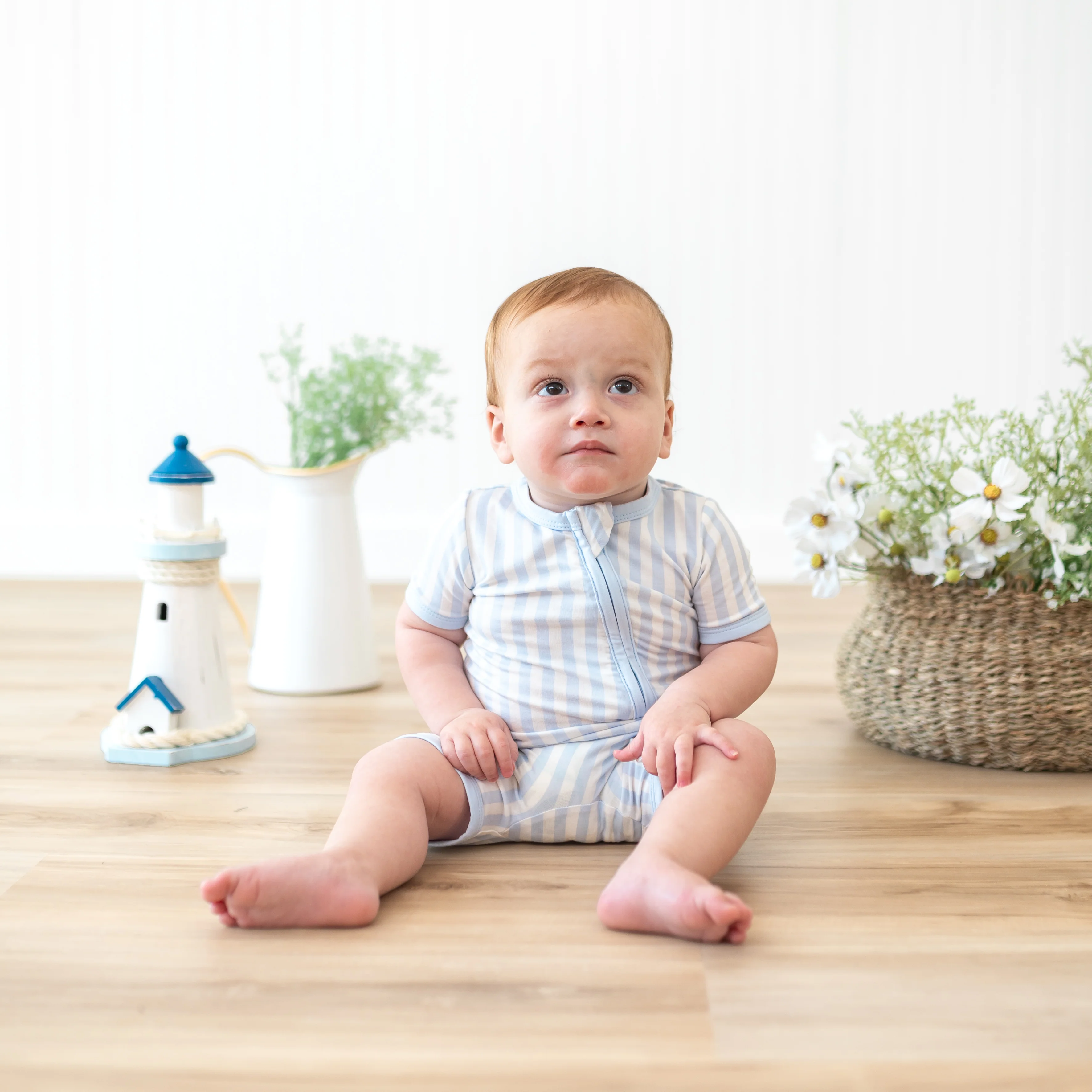 Zipper Shortall Romper in Small Mist Stripe - Image 3